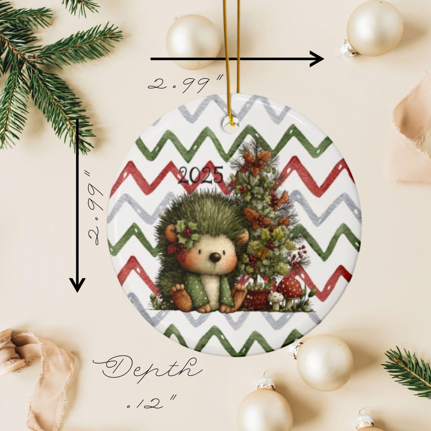Ceramic Hedgehog Christmas Ornament — Double-Sided 2025 Holiday Tree Decoration