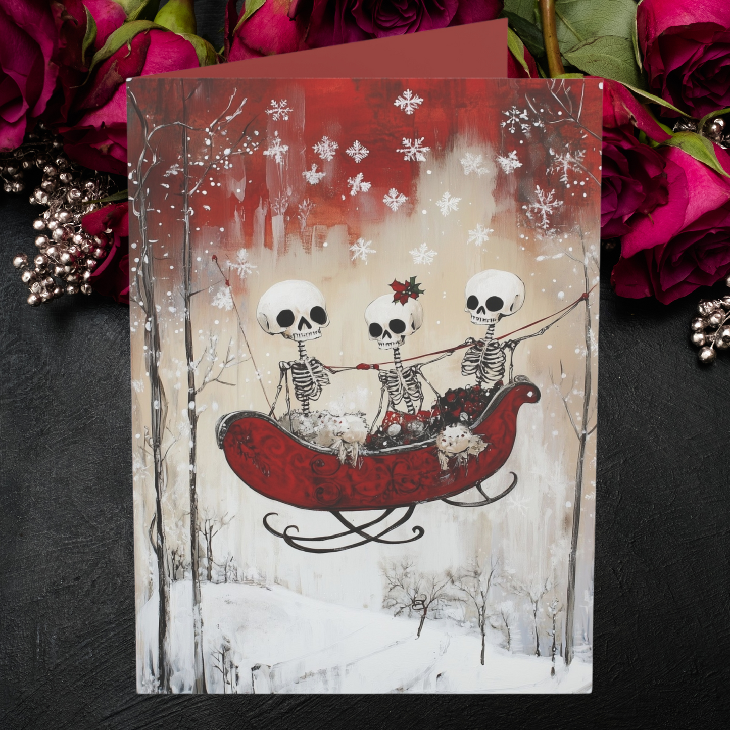 Skeleton Sleigh Christmas Greeting Cards