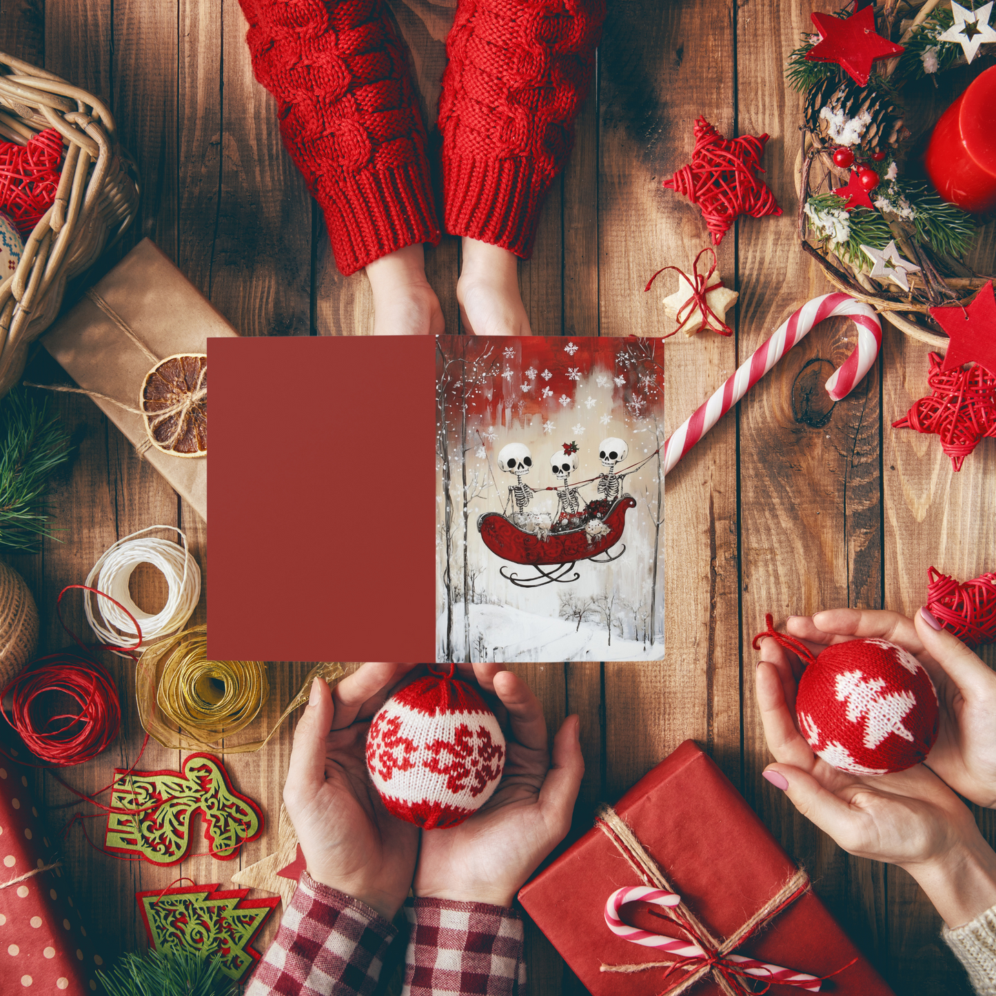 Skeleton Sleigh Christmas Greeting Cards