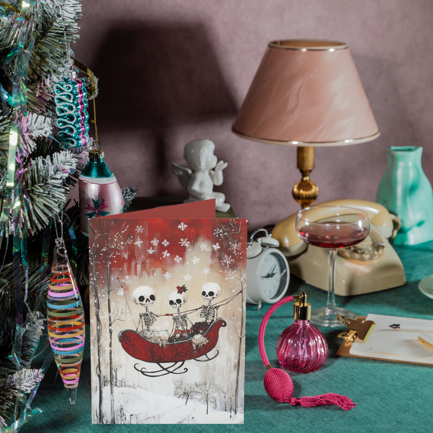 Skeleton Sleigh Christmas Greeting Cards