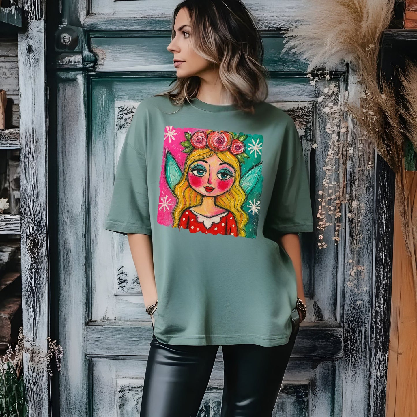 Whimsical Floral Crown Girl T-Shirt — Colorful Folk Art Portrait Tee