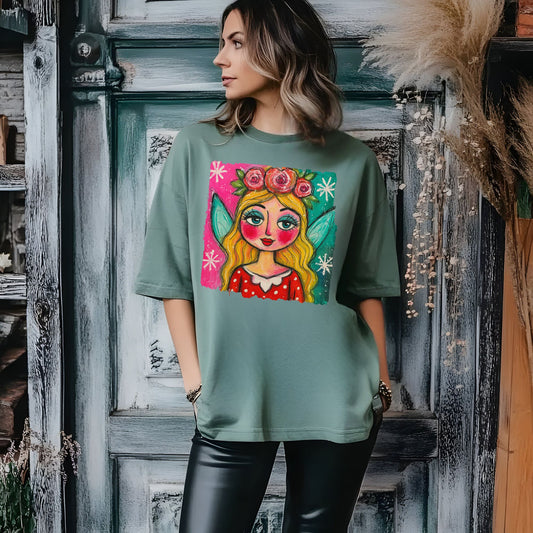 Whimsical Floral Crown Girl T-Shirt — Colorful Folk Art Portrait Tee
