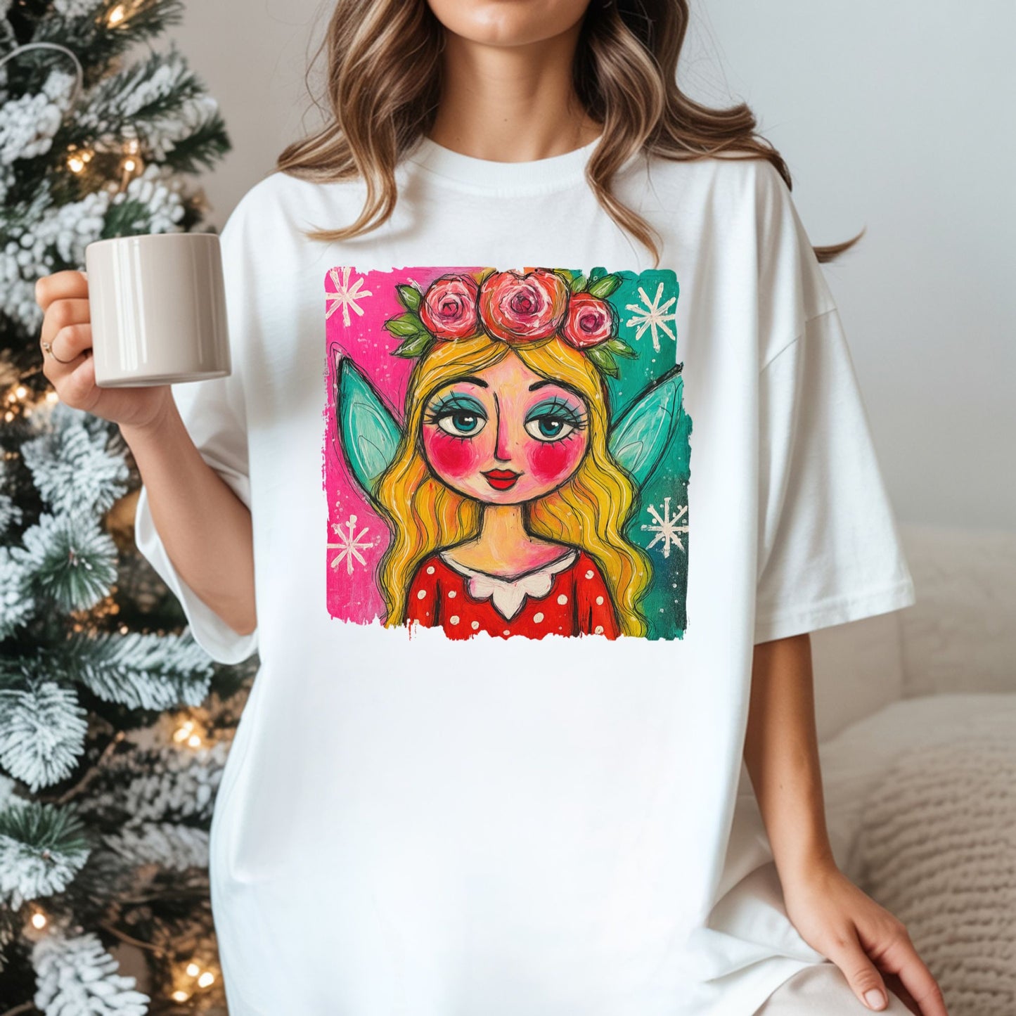 Whimsical Floral Crown Girl T-Shirt — Colorful Folk Art Portrait Tee