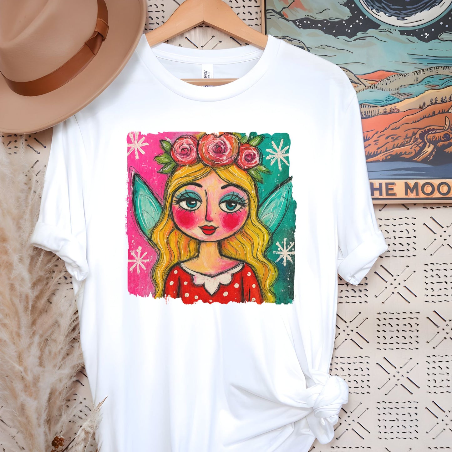 Whimsical Floral Crown Girl T-Shirt — Colorful Folk Art Portrait Tee