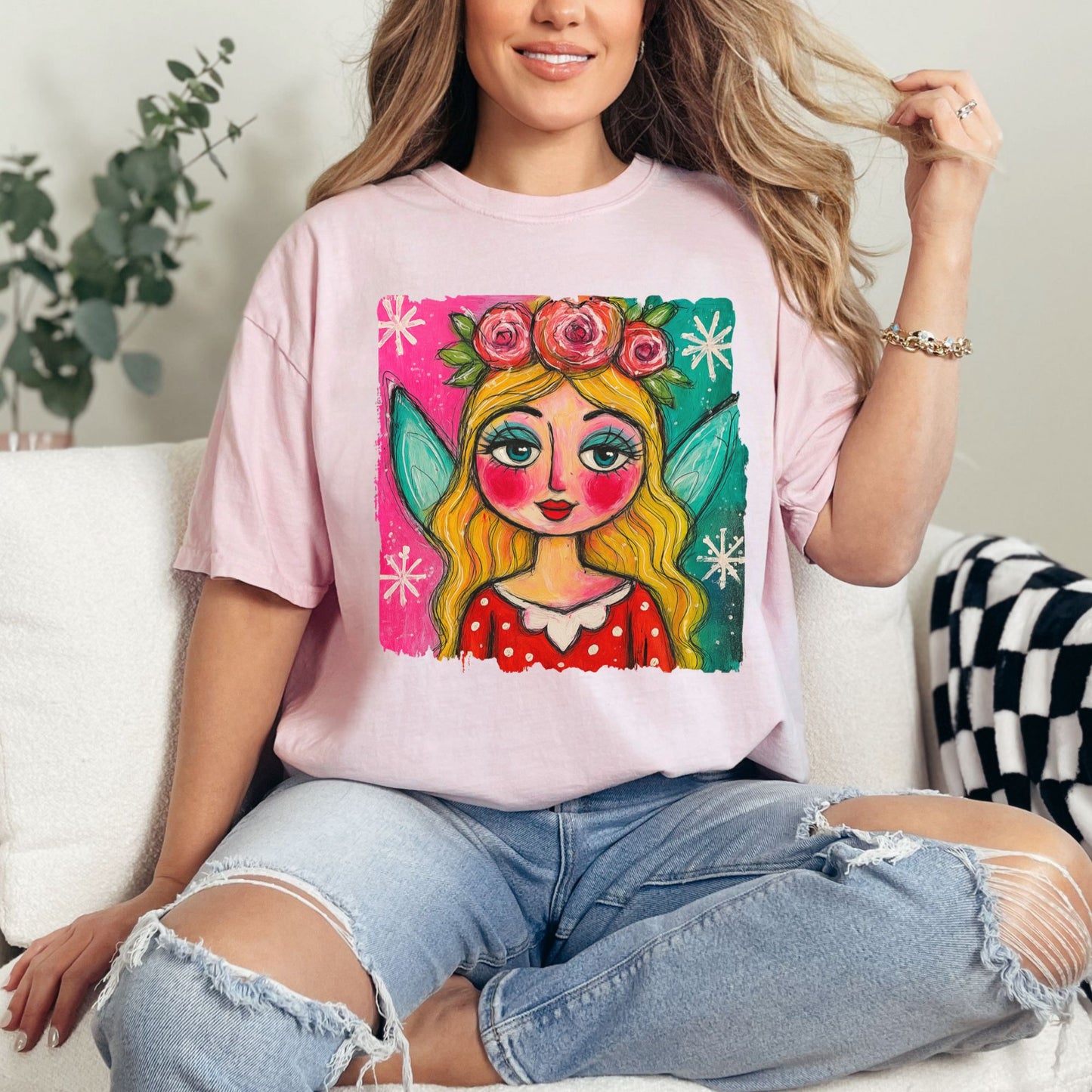 Whimsical Floral Crown Girl T-Shirt — Colorful Folk Art Portrait Tee
