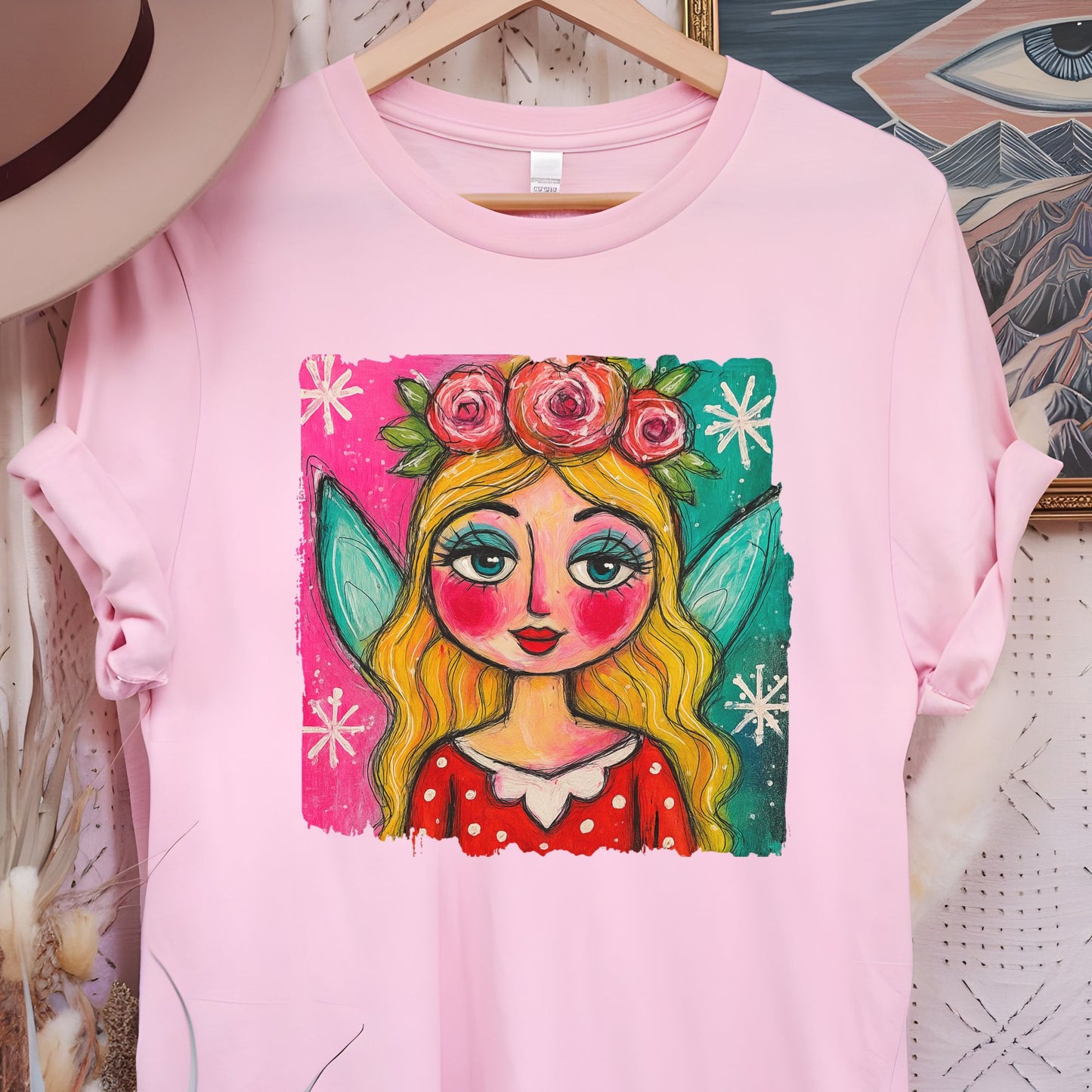 Whimsical Floral Crown Girl T-Shirt — Colorful Folk Art Portrait Tee