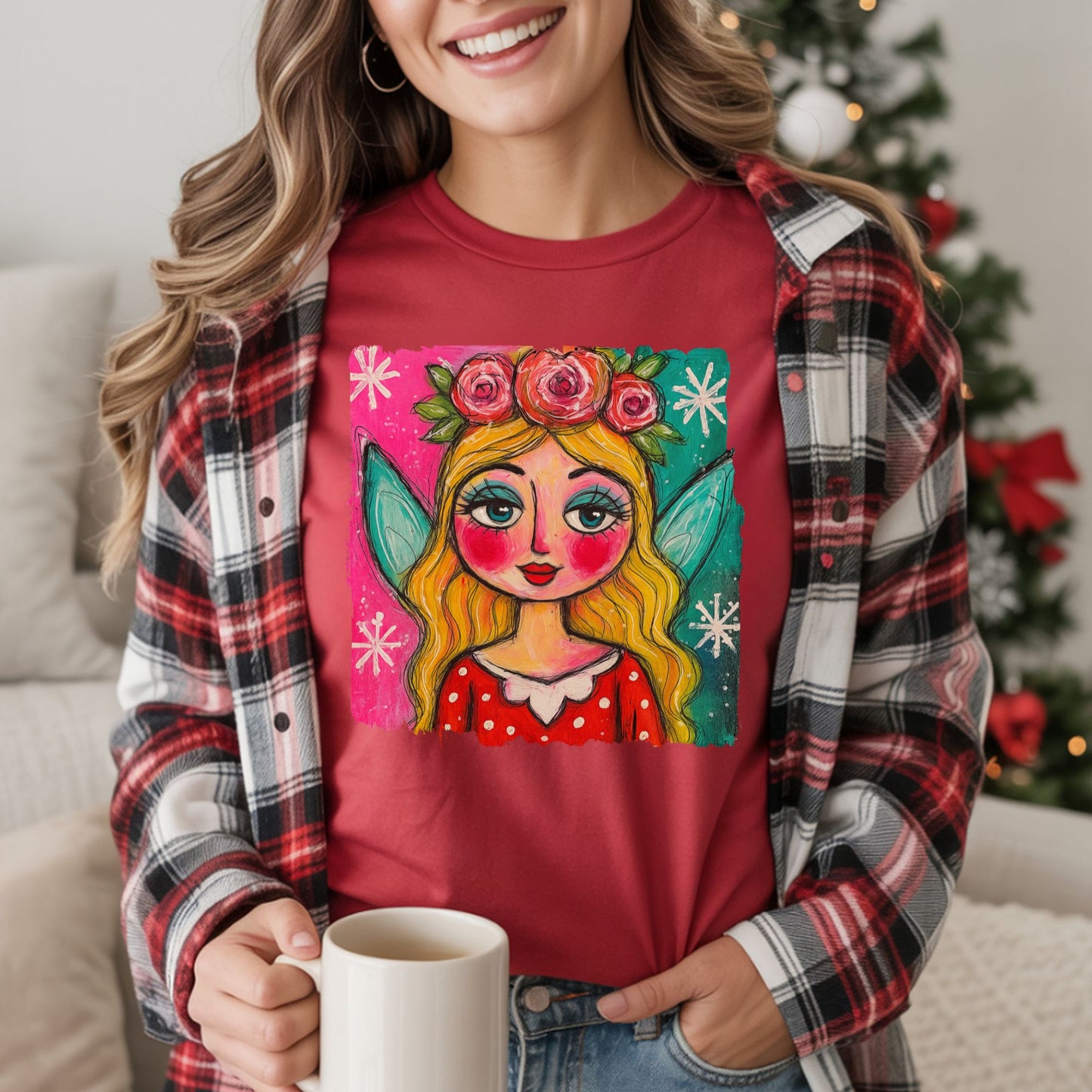 Whimsical Floral Crown Girl T-Shirt — Colorful Folk Art Portrait Tee