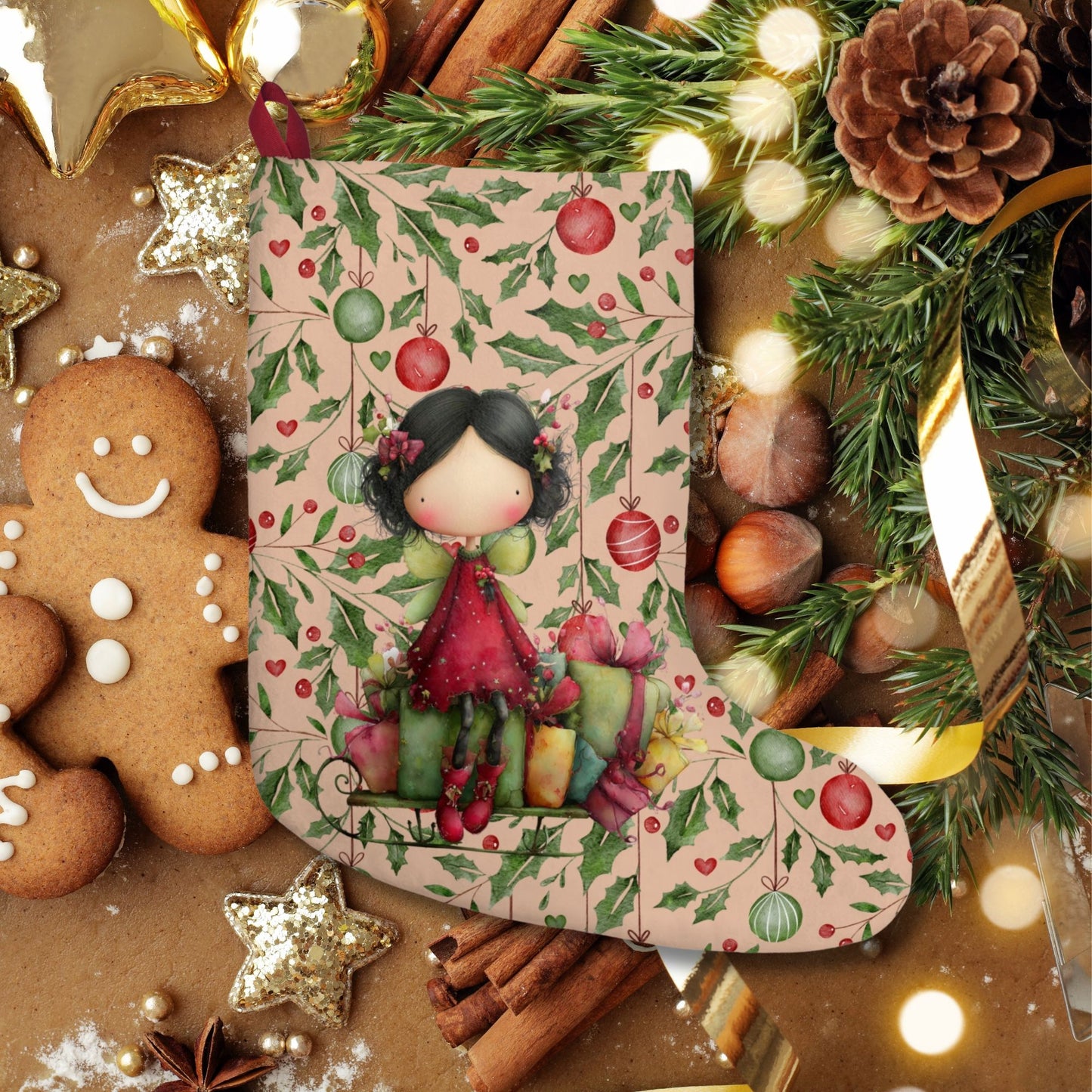 Whimsical Girl Christmas Stocking — Cute Holly & Ornament Holiday Decor