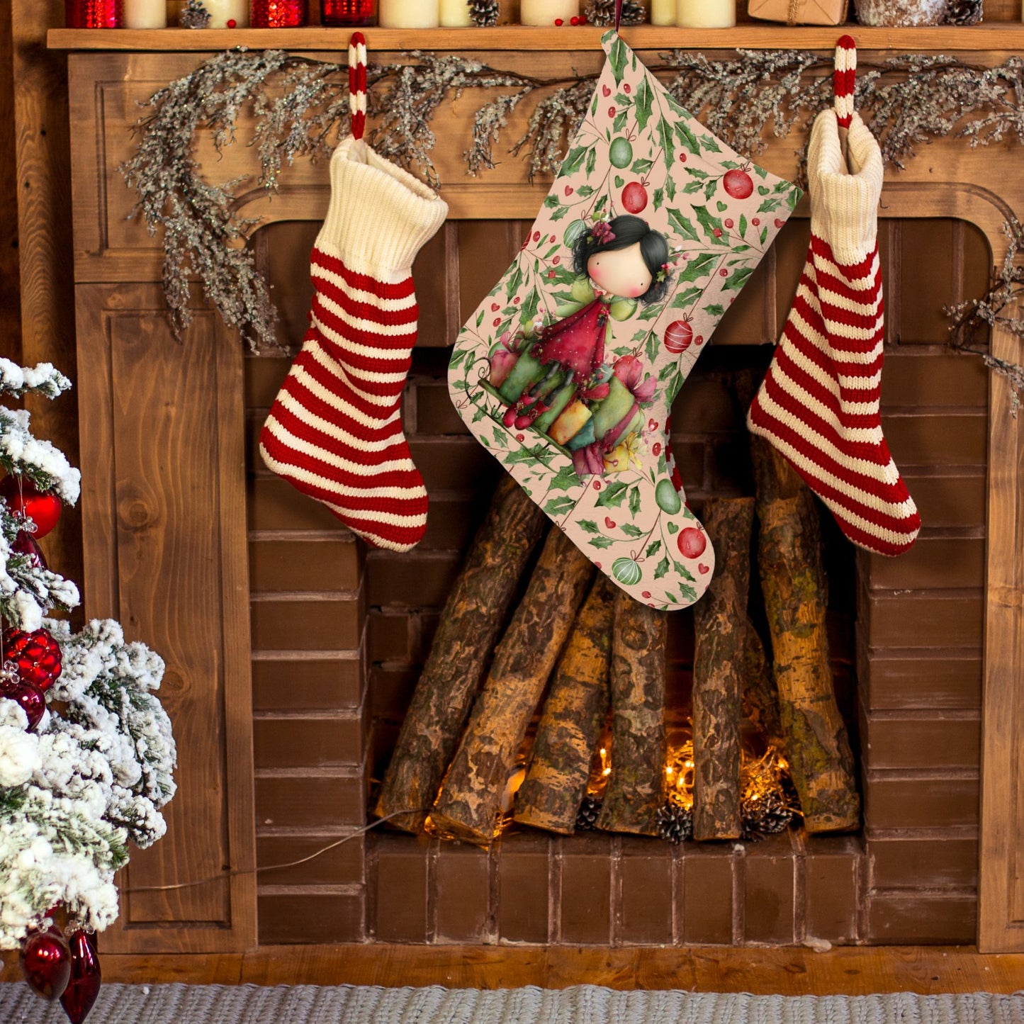 Whimsical Girl Christmas Stocking — Cute Holly & Ornament Holiday Decor