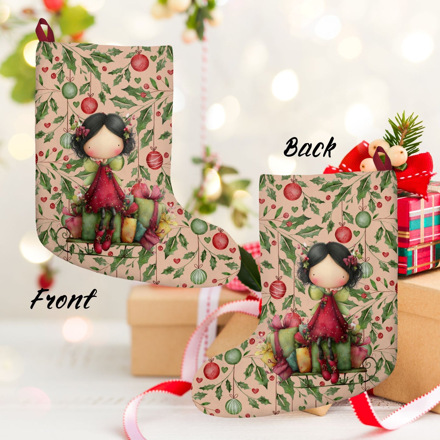 Whimsical Girl Christmas Stocking — Cute Holly & Ornament Holiday Decor