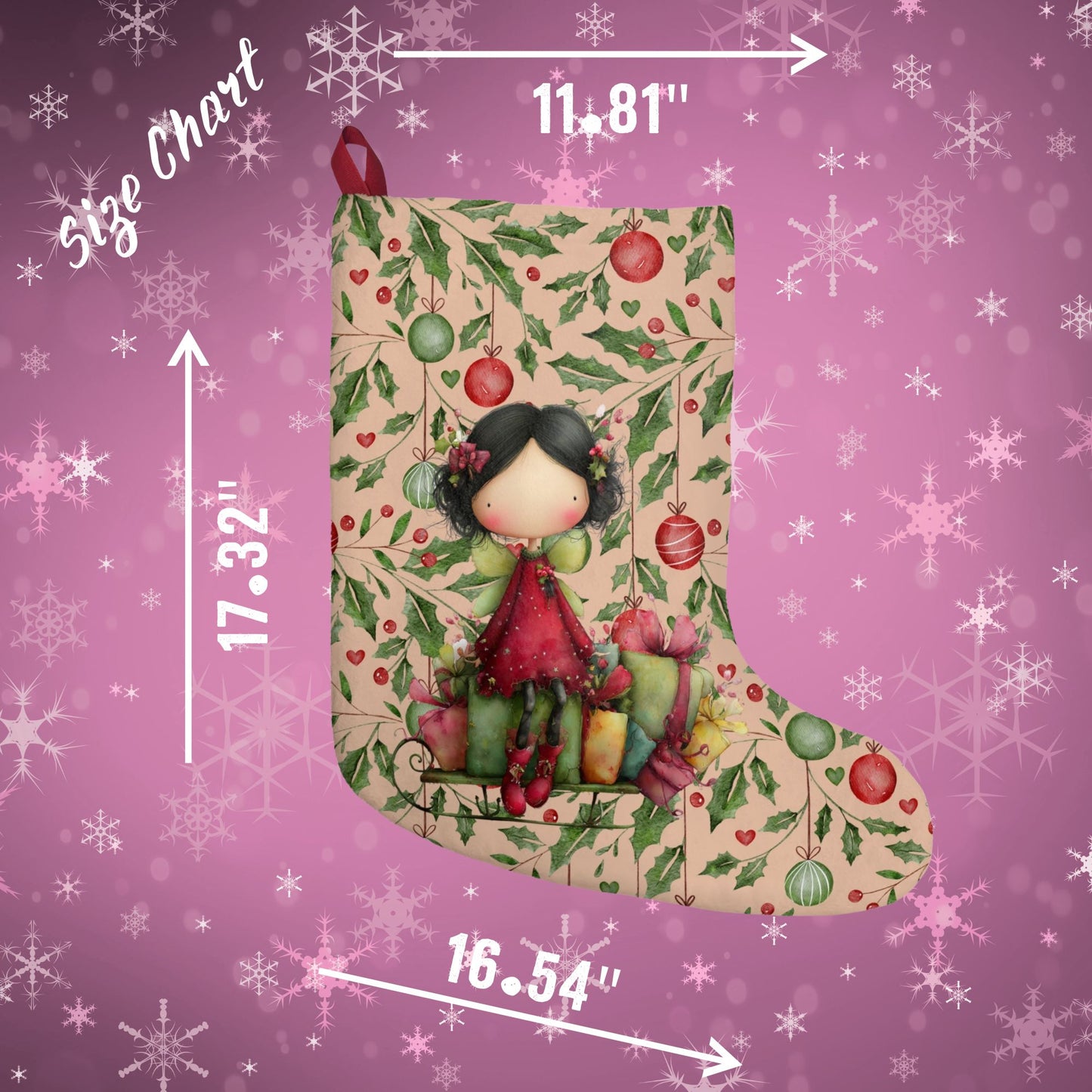Whimsical Girl Christmas Stocking — Cute Holly & Ornament Holiday Decor