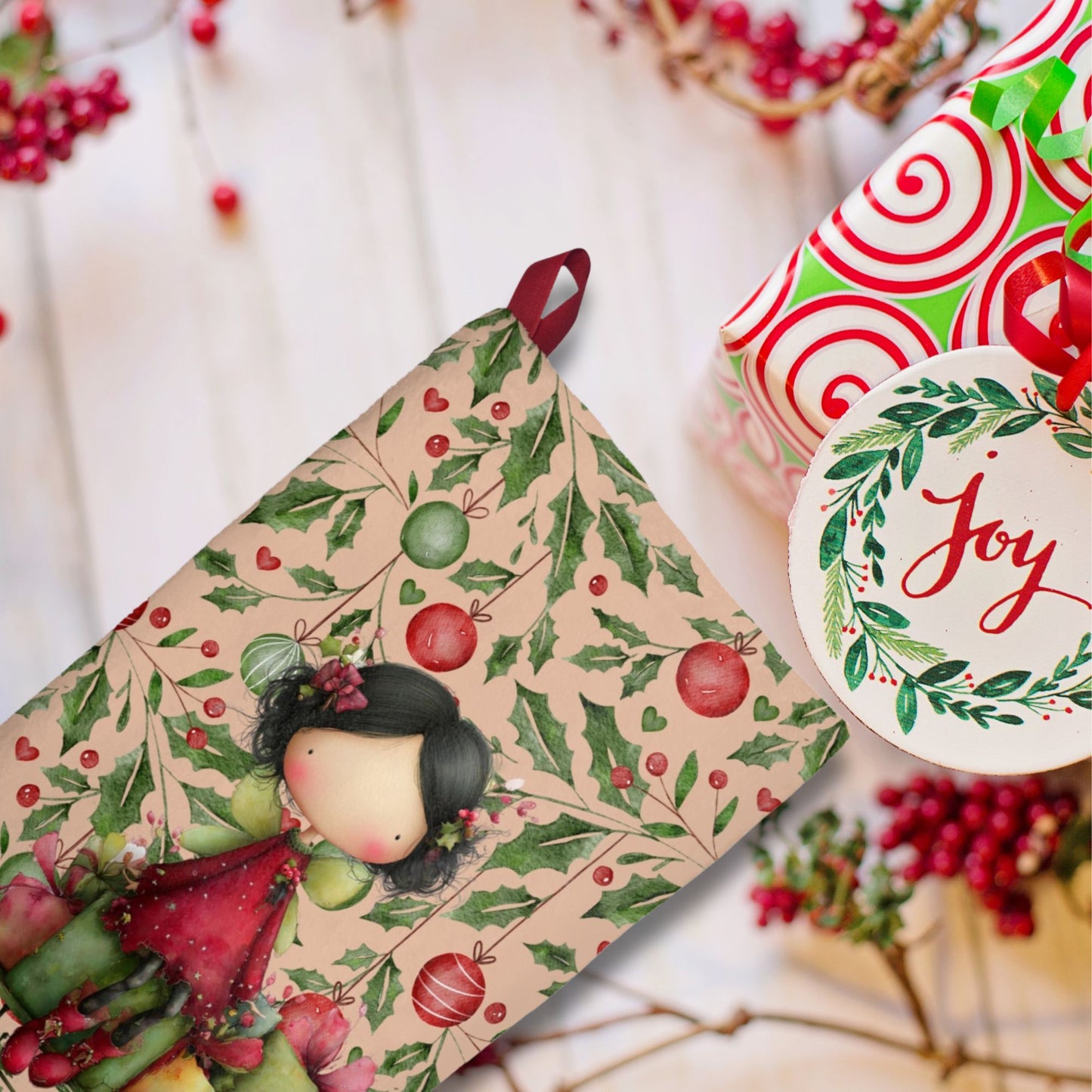 Whimsical Girl Christmas Stocking — Cute Holly & Ornament Holiday Decor