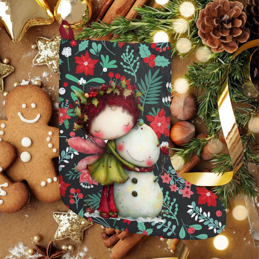 Cute Fairy & Snowman Christmas Stocking - Holiday Poinsettia Pattern