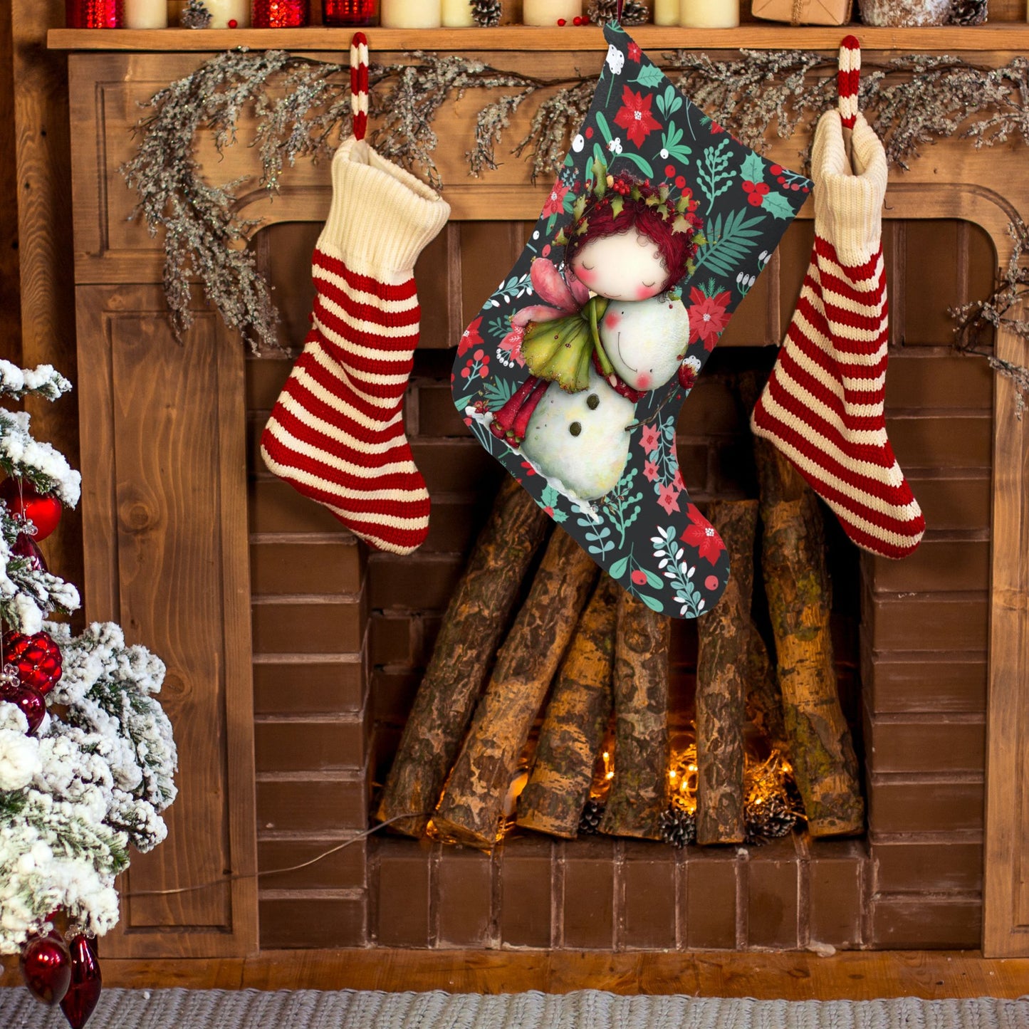 Cute Fairy & Snowman Christmas Stocking - Holiday Poinsettia Pattern