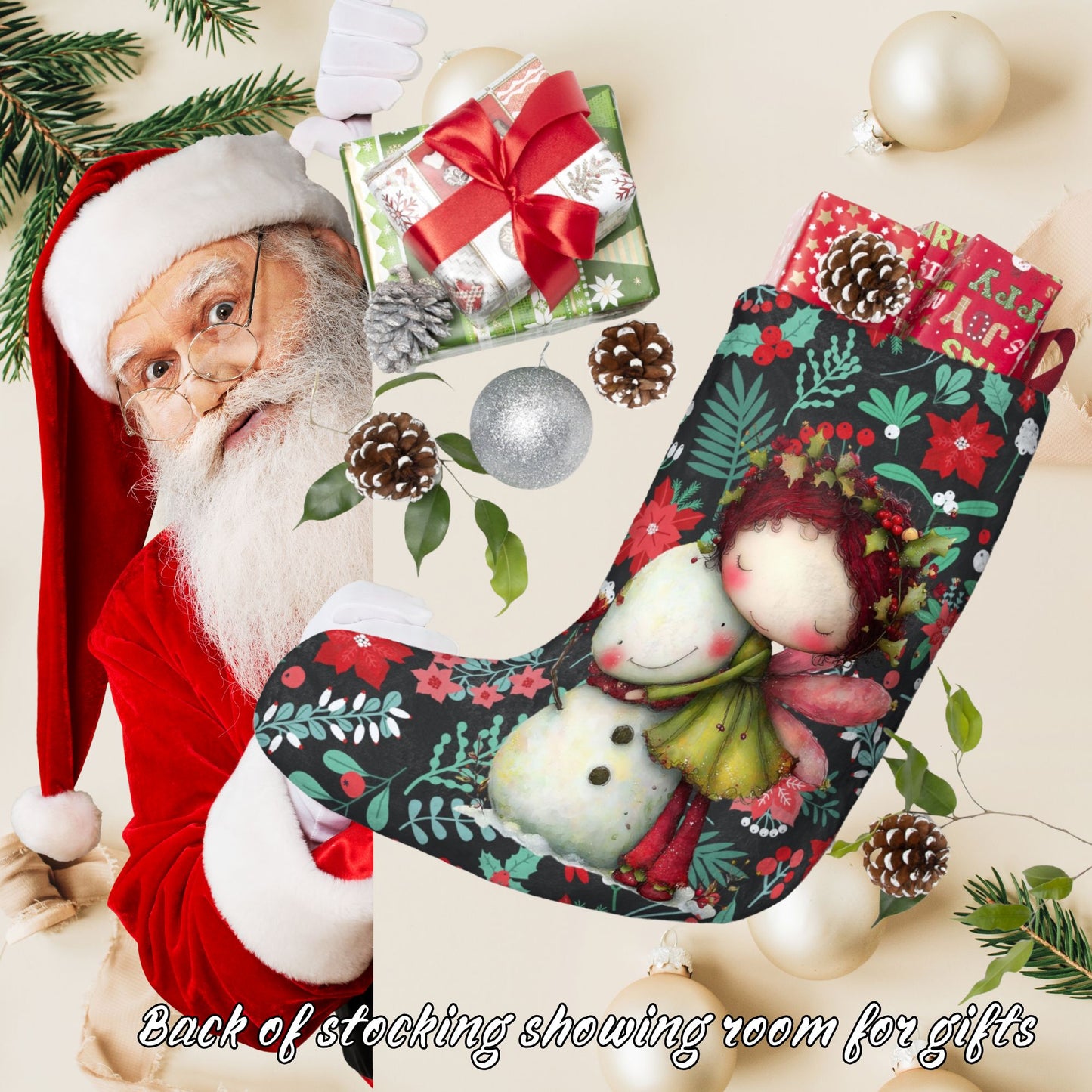 Cute Fairy & Snowman Christmas Stocking - Holiday Poinsettia Pattern