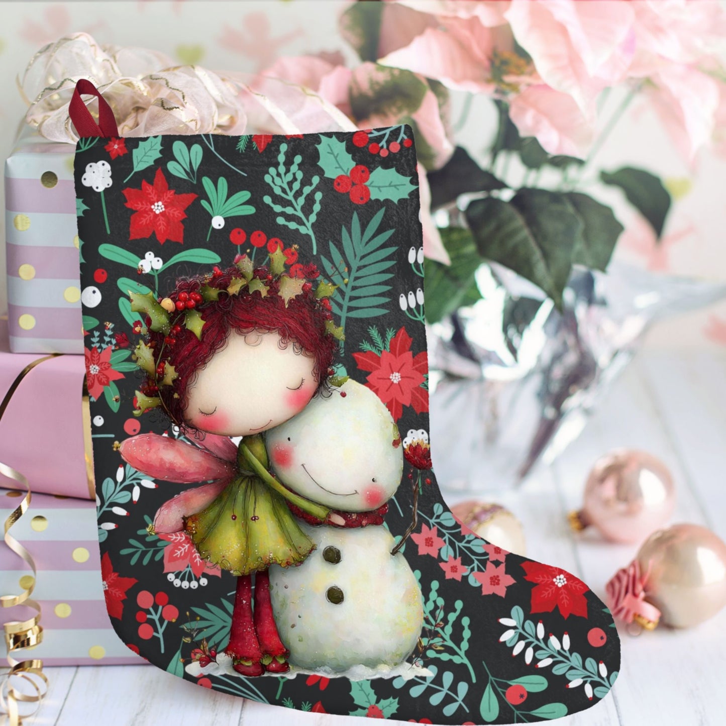 Cute Fairy & Snowman Christmas Stocking - Holiday Poinsettia Pattern