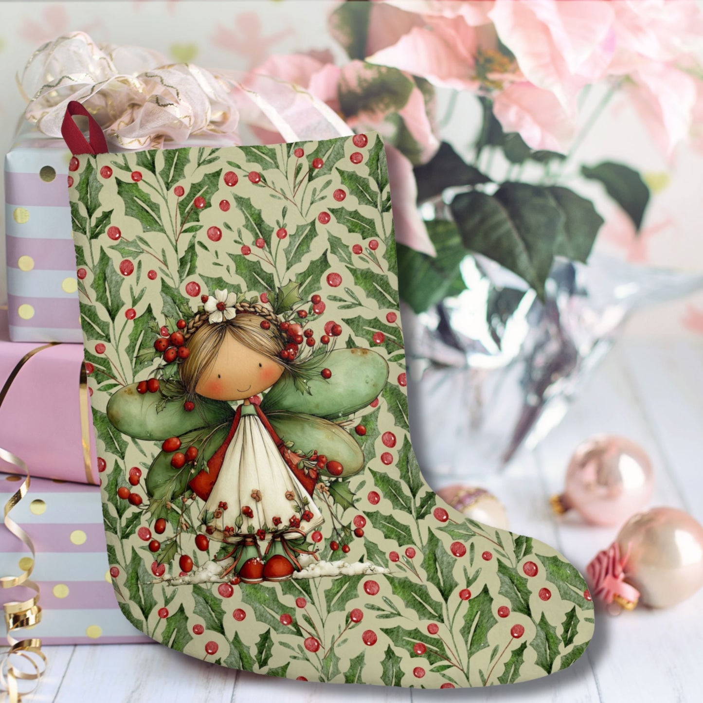 Holly Fairy Christmas Stocking – Cute Holiday Stocking with Berry