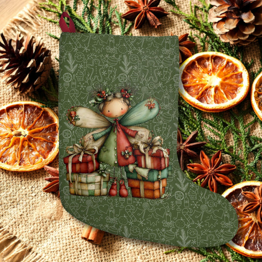 Green Holiday Angel Christmas Stocking – Cute Fairy with Gifts Holiday Decor
