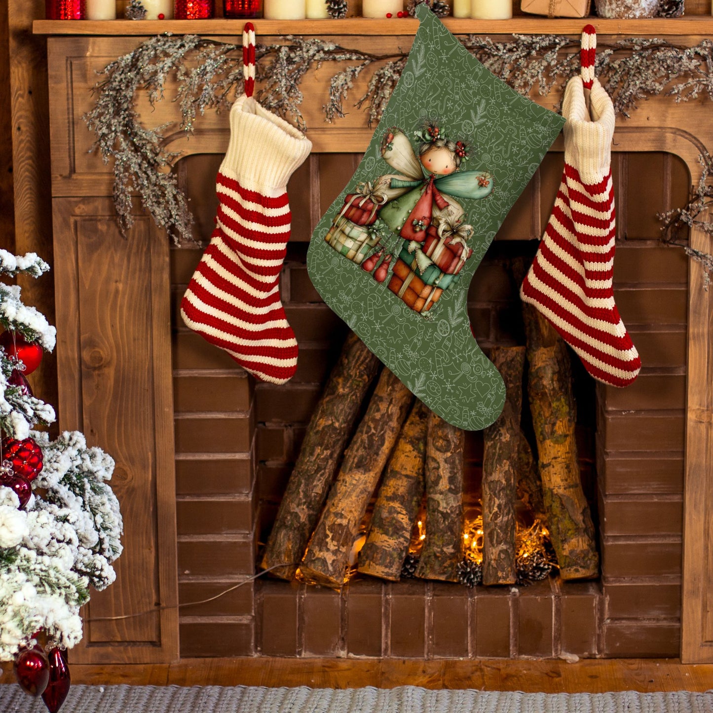 Green Holiday Angel Christmas Stocking – Cute Fairy with Gifts Holiday Decor