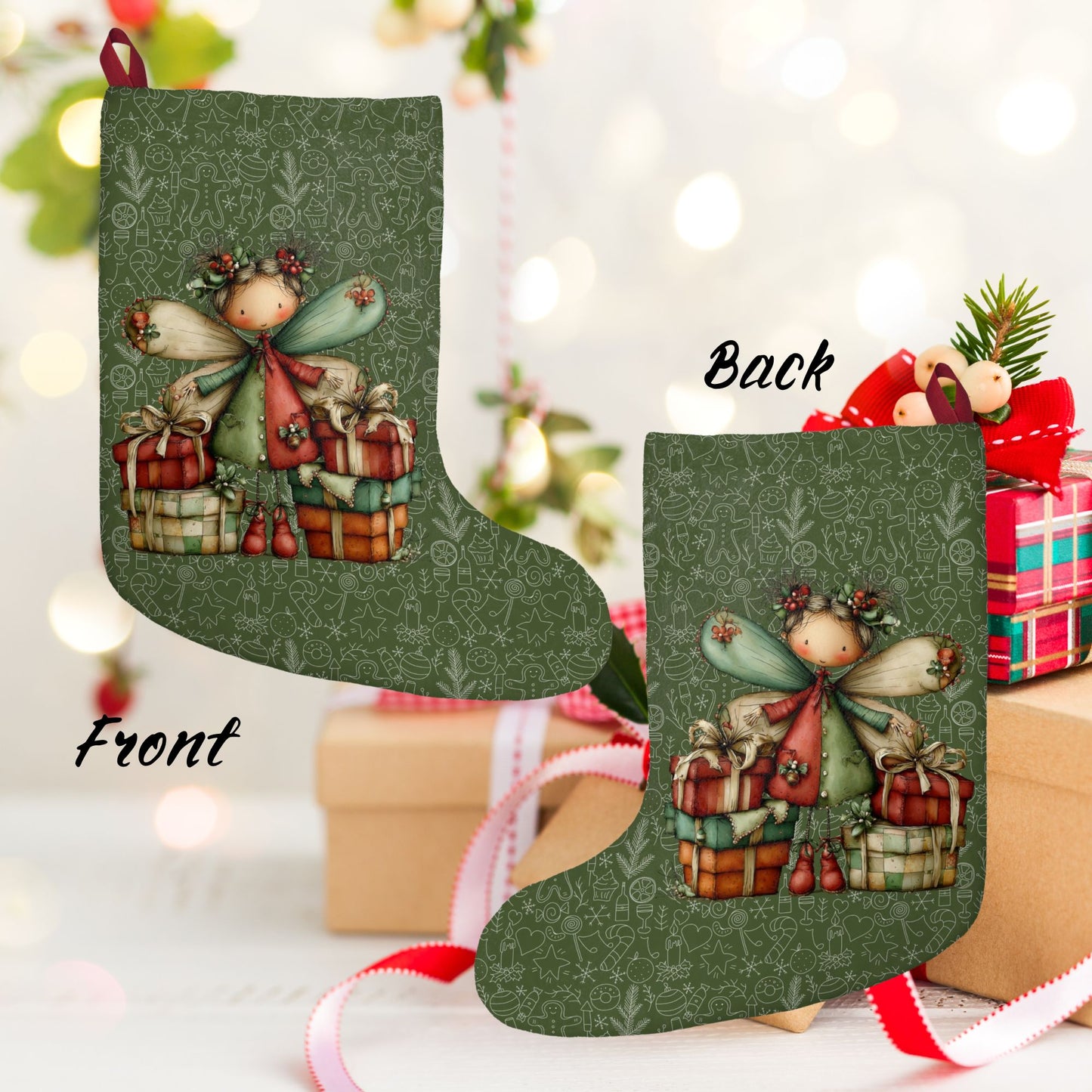 Green Holiday Angel Christmas Stocking – Cute Fairy with Gifts Holiday Decor
