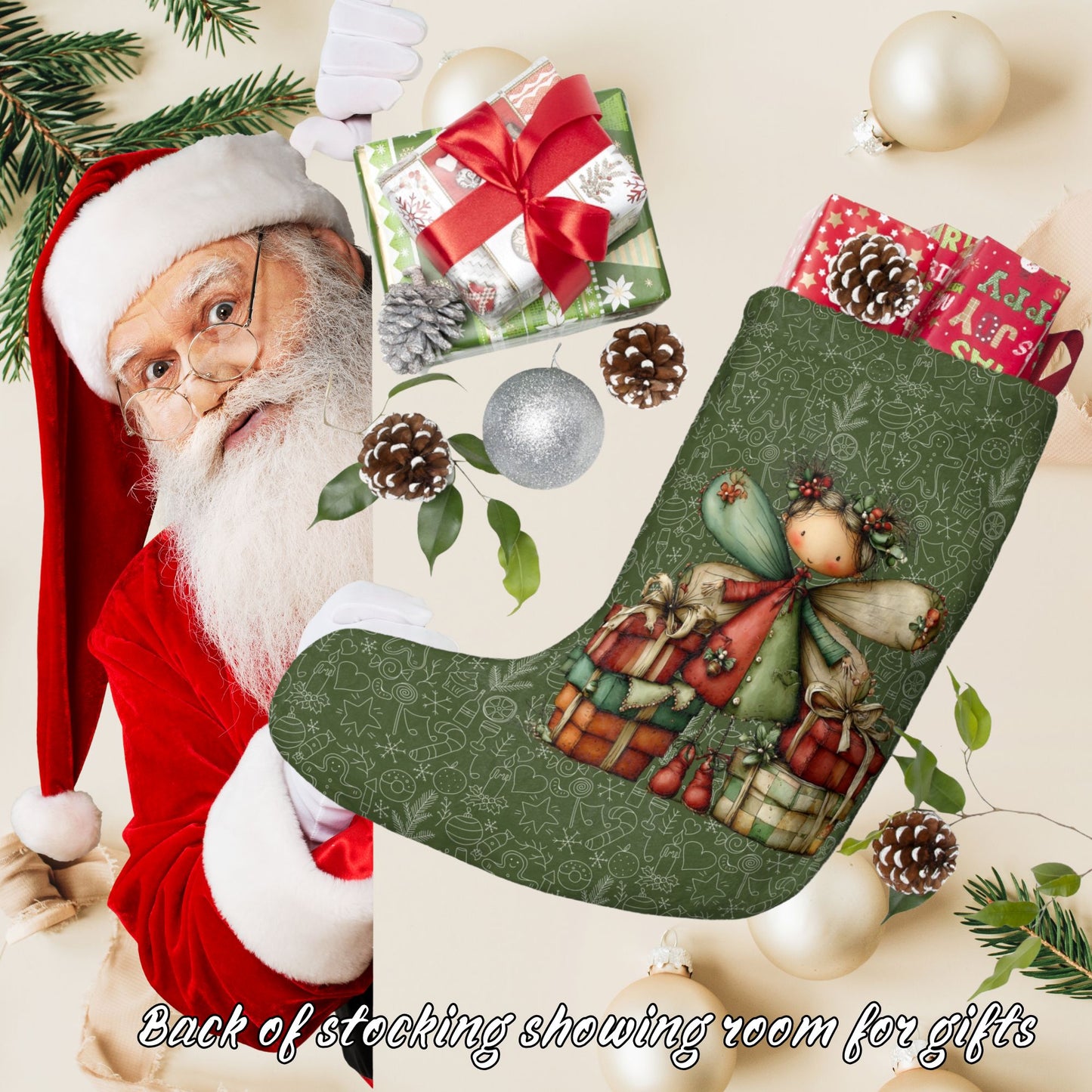 Green Holiday Angel Christmas Stocking – Cute Fairy with Gifts Holiday Decor