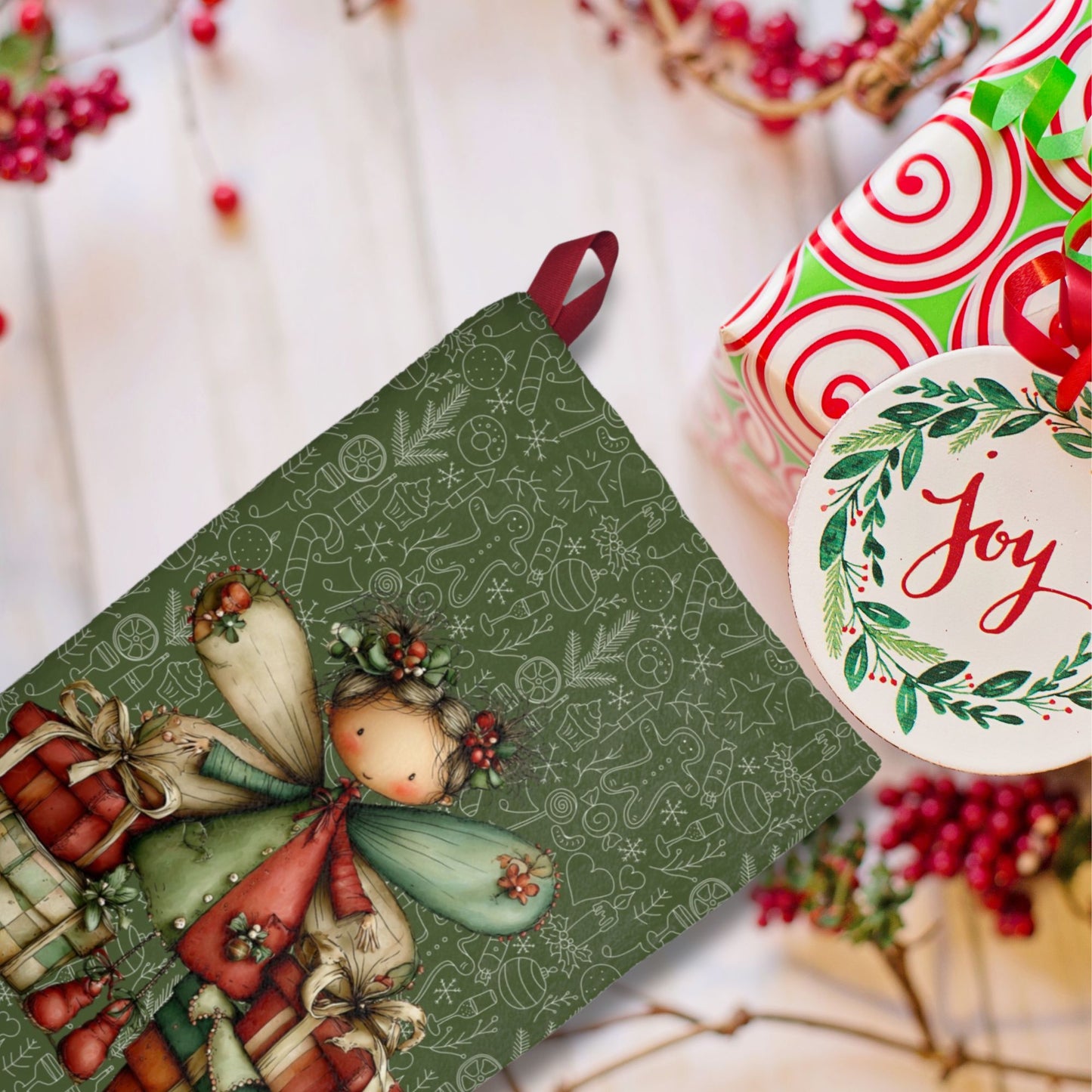 Green Holiday Angel Christmas Stocking – Cute Fairy with Gifts Holiday Decor