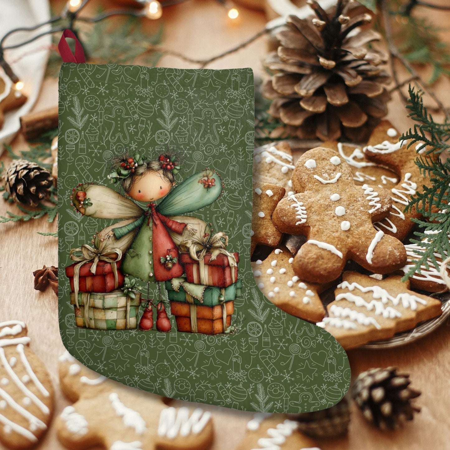 Green Holiday Angel Christmas Stocking – Cute Fairy with Gifts Holiday Decor