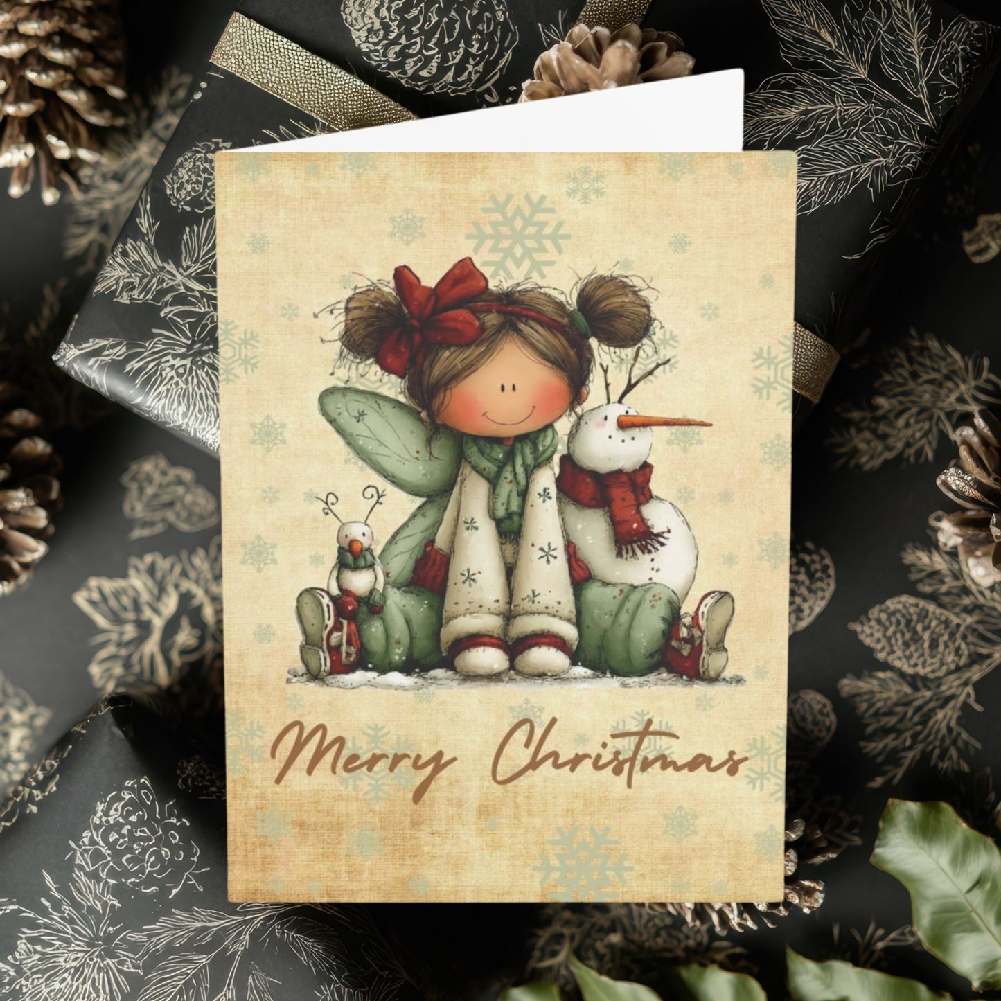 Merry Christmas Cute Snowman & Girl Holiday Greeting Cards