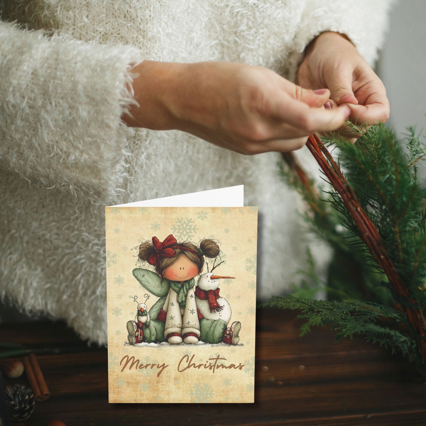Merry Christmas Cute Snowman & Girl Holiday Greeting Cards
