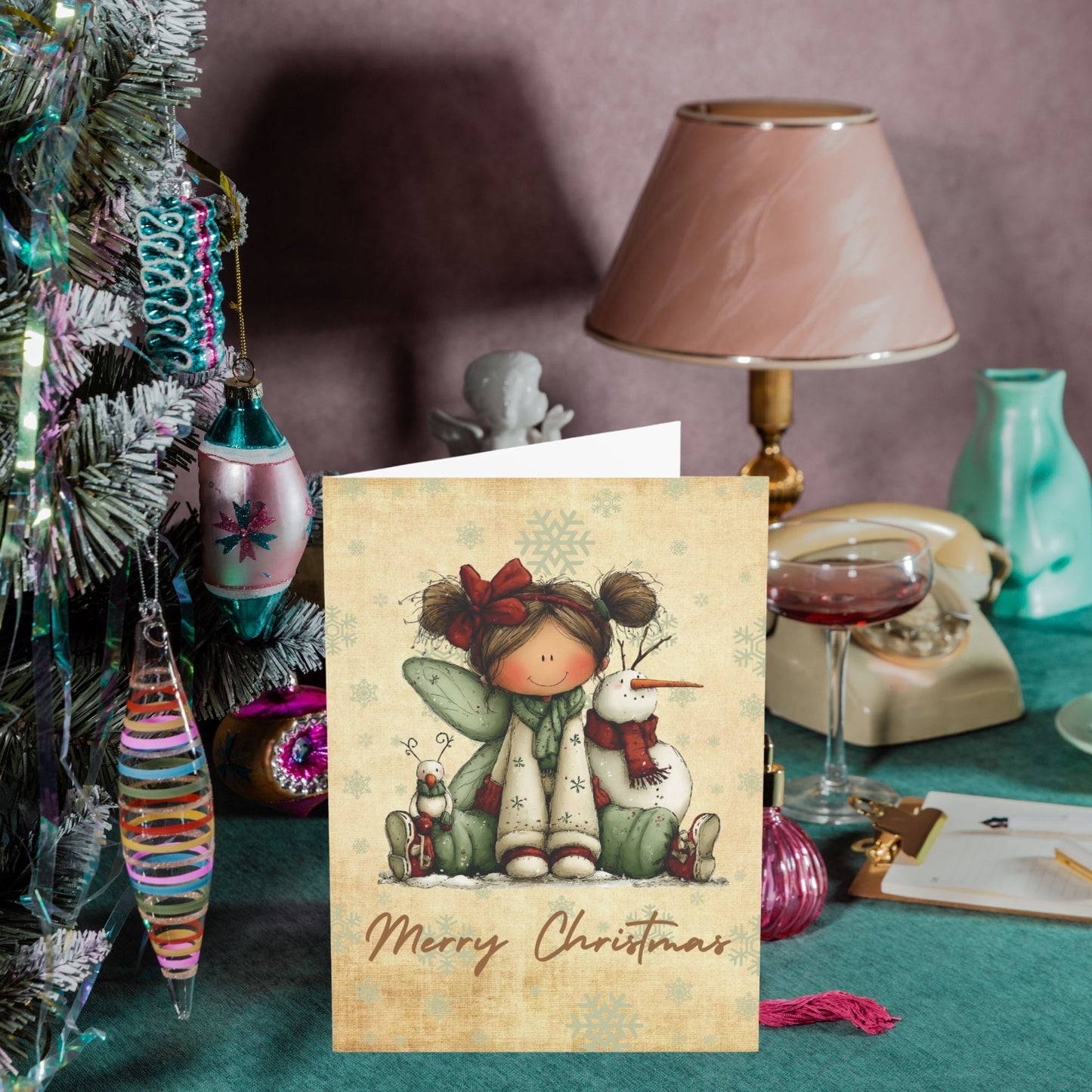 Merry Christmas Cute Snowman & Girl Holiday Greeting Cards