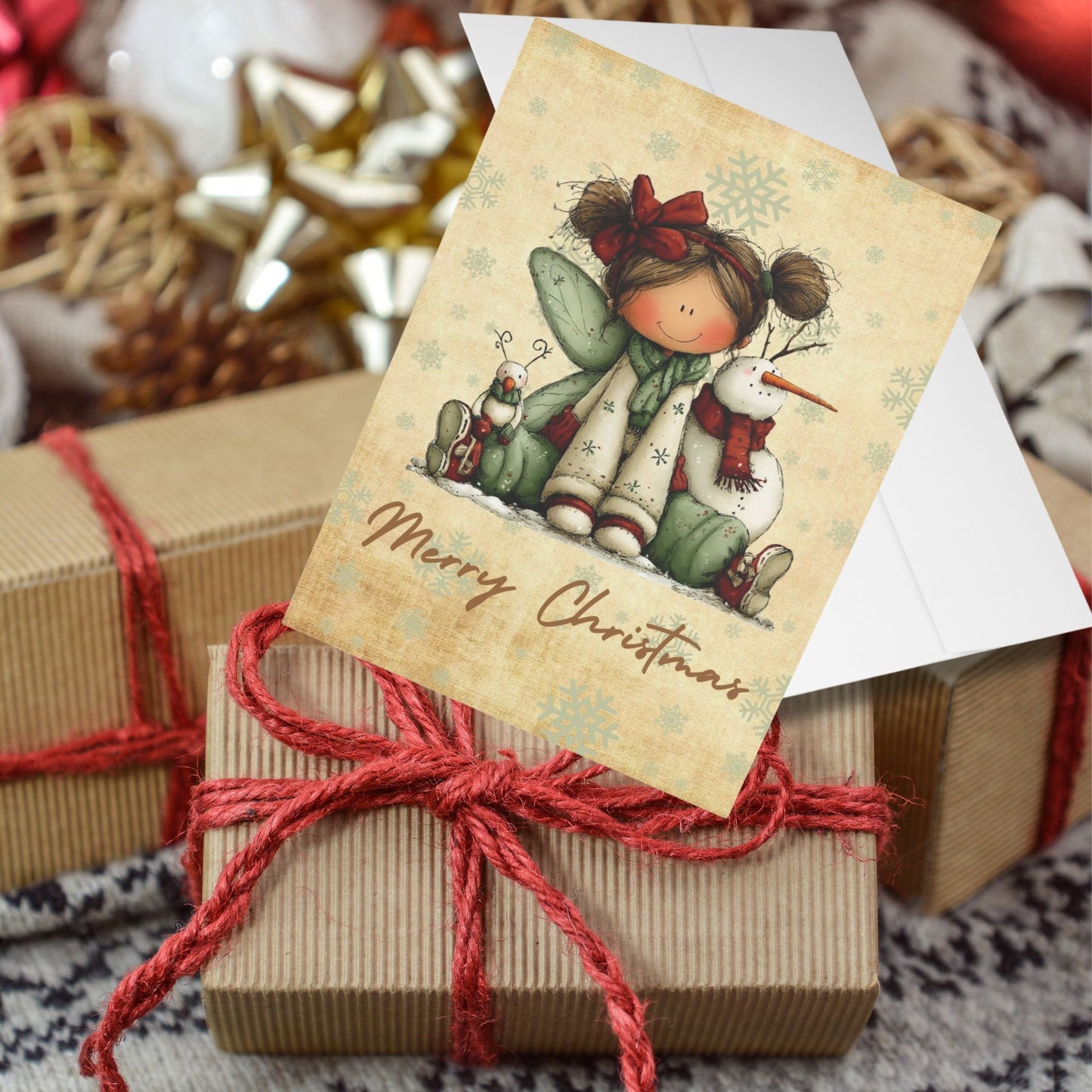 Merry Christmas Cute Snowman & Girl Holiday Greeting Cards