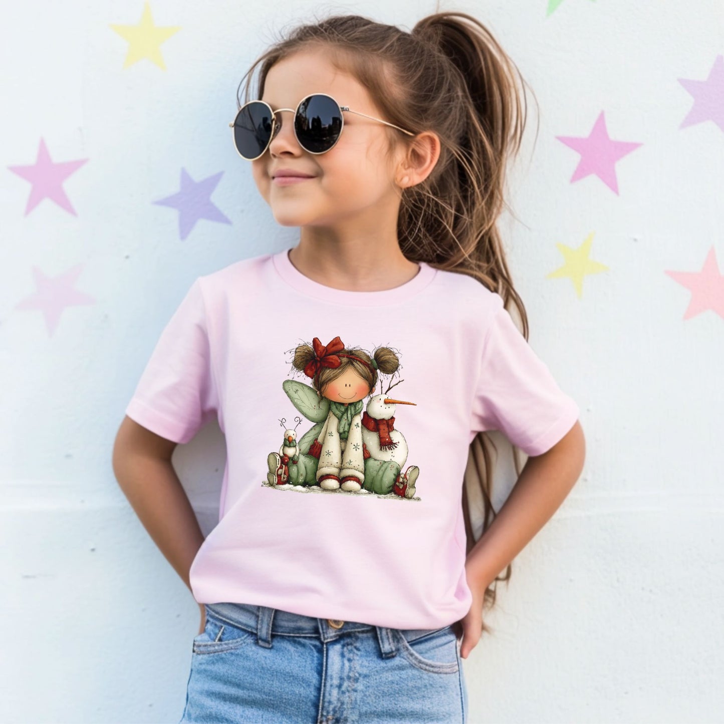 Kids Christmas Fairy Tee — Cute Girl with Snowman Holiday Shirt