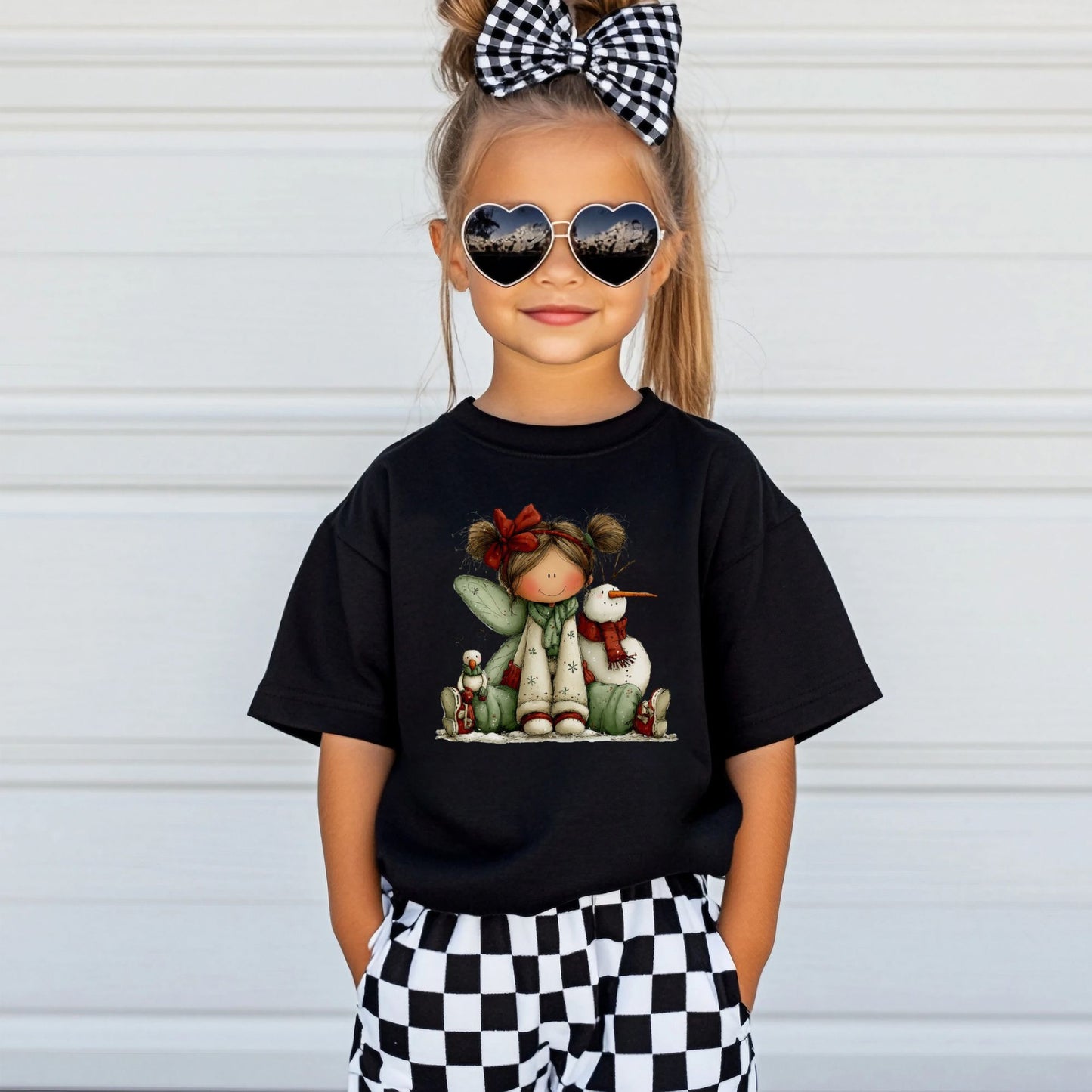 Kids Christmas Fairy Tee — Cute Girl with Snowman Holiday Shirt