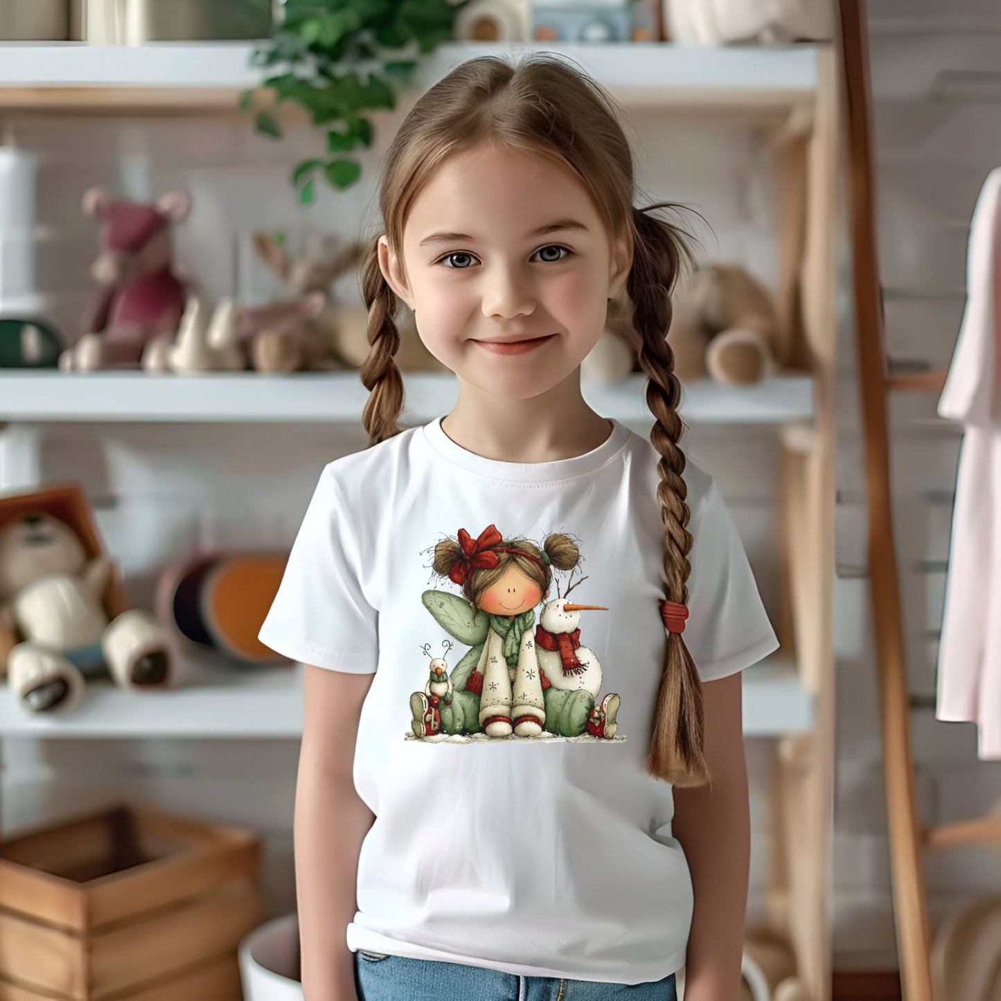 Kids Christmas Fairy Tee — Cute Girl with Snowman Holiday Shirt