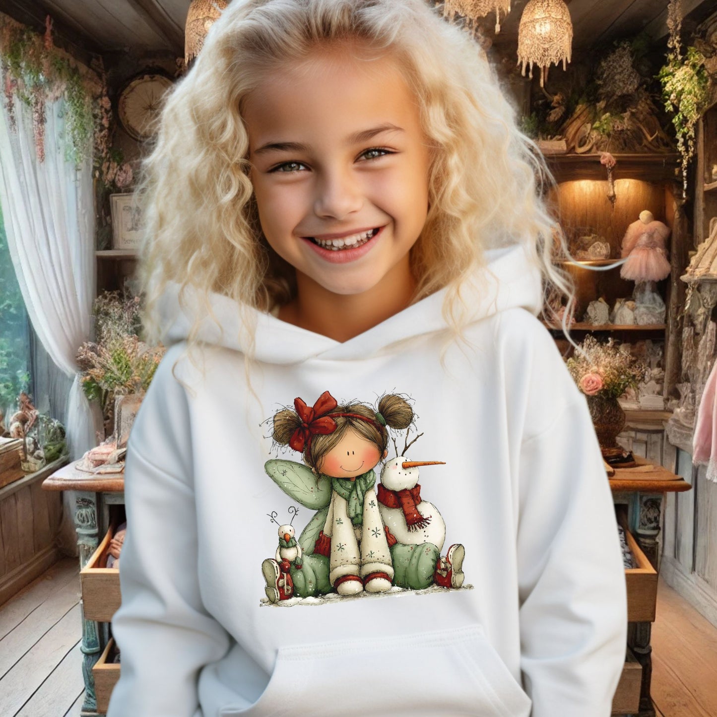 Kids Christmas Angel Hoodie — Cute Elf with Snowman Holiday Sweatshirt