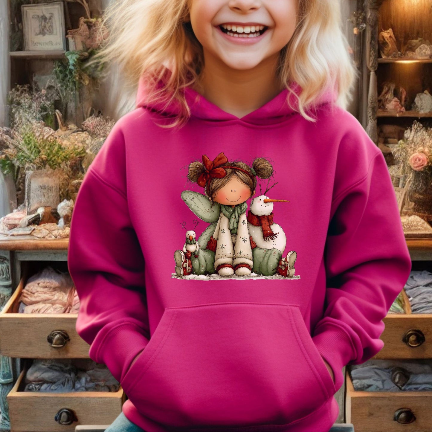 Kids Christmas Angel Hoodie — Cute Elf with Snowman Holiday Sweatshirt
