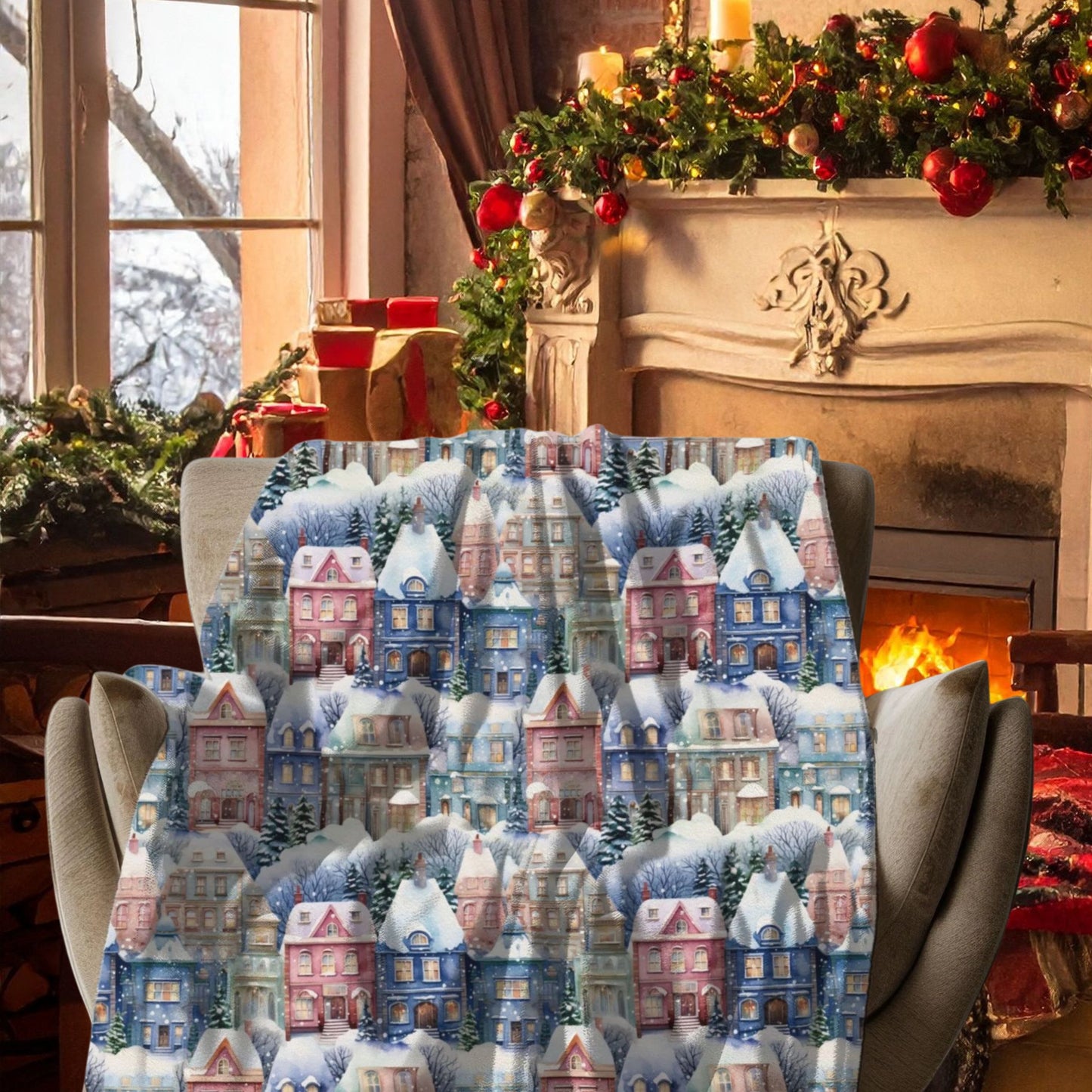 Cozy Christmas Village Blanket, Snowy Cottage Winter Throw