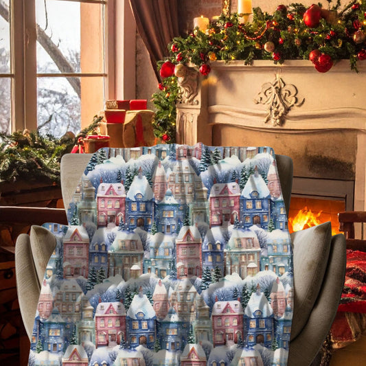 Cozy Christmas Village Blanket, Snowy Cottage Winter Throw