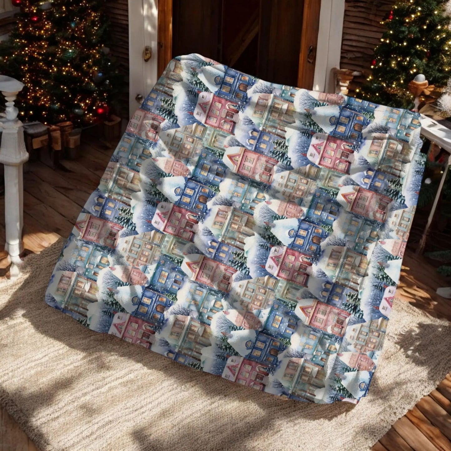 Cozy Christmas Village Blanket, Snowy Cottage Winter Throw