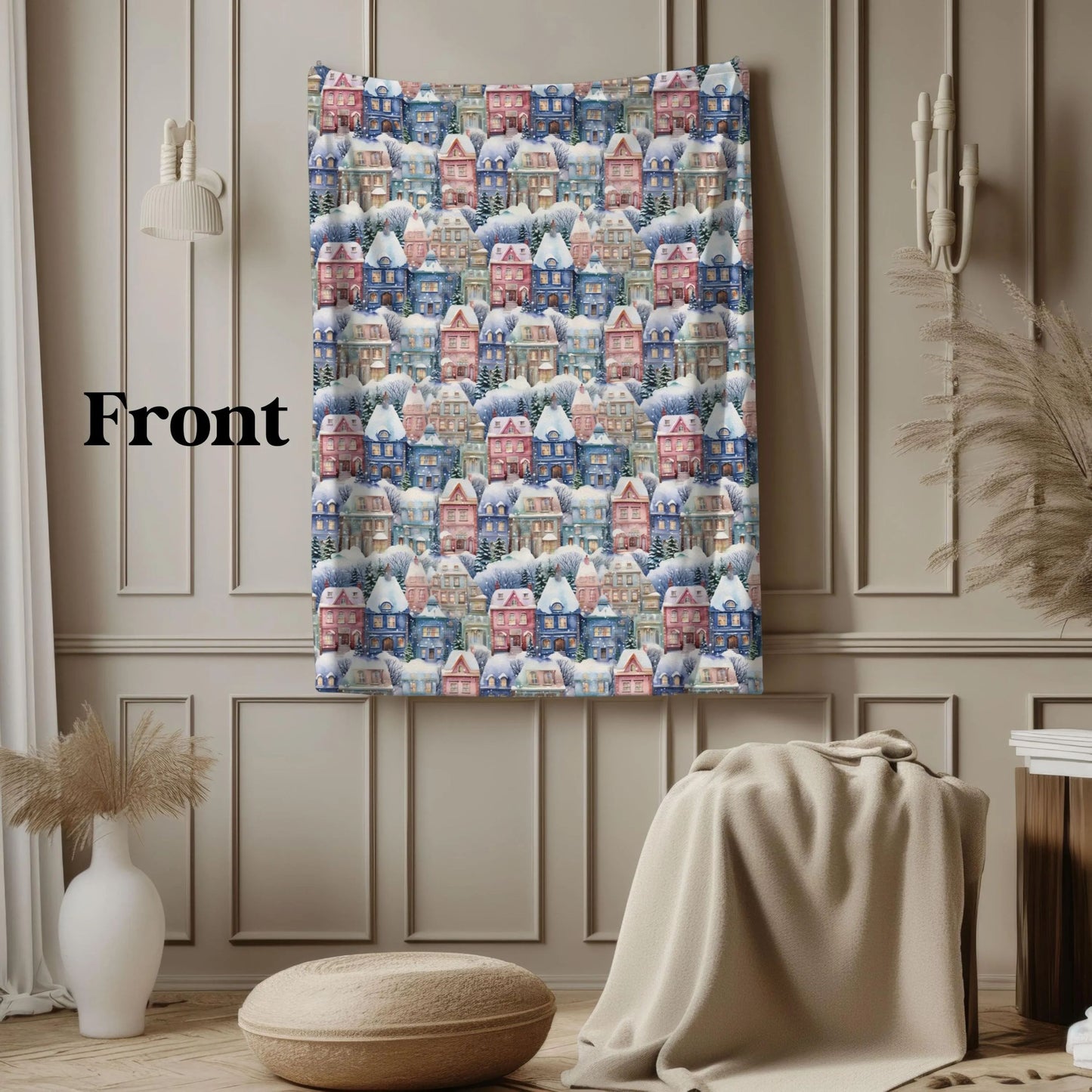 Cozy Christmas Village Blanket, Snowy Cottage Winter Throw