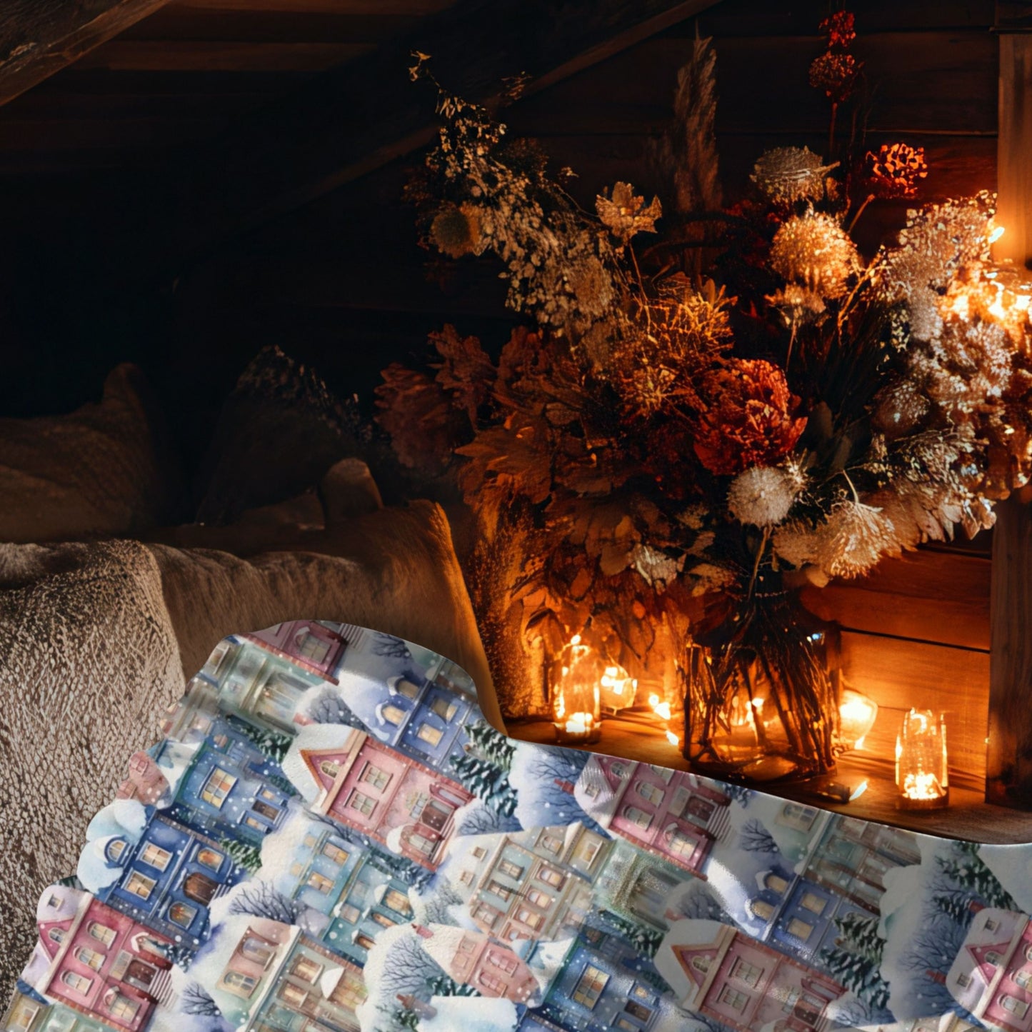 Cozy Christmas Village Blanket, Snowy Cottage Winter Throw