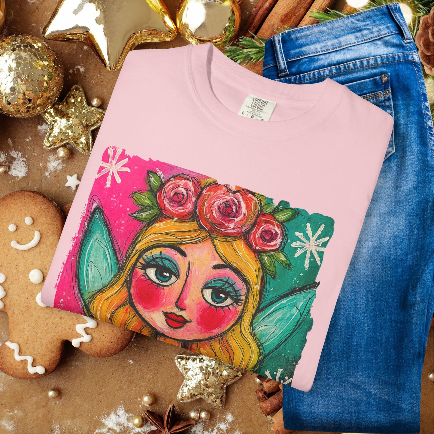 Whimsical Floral Crown Girl T-Shirt — Colorful Folk Art Portrait Tee