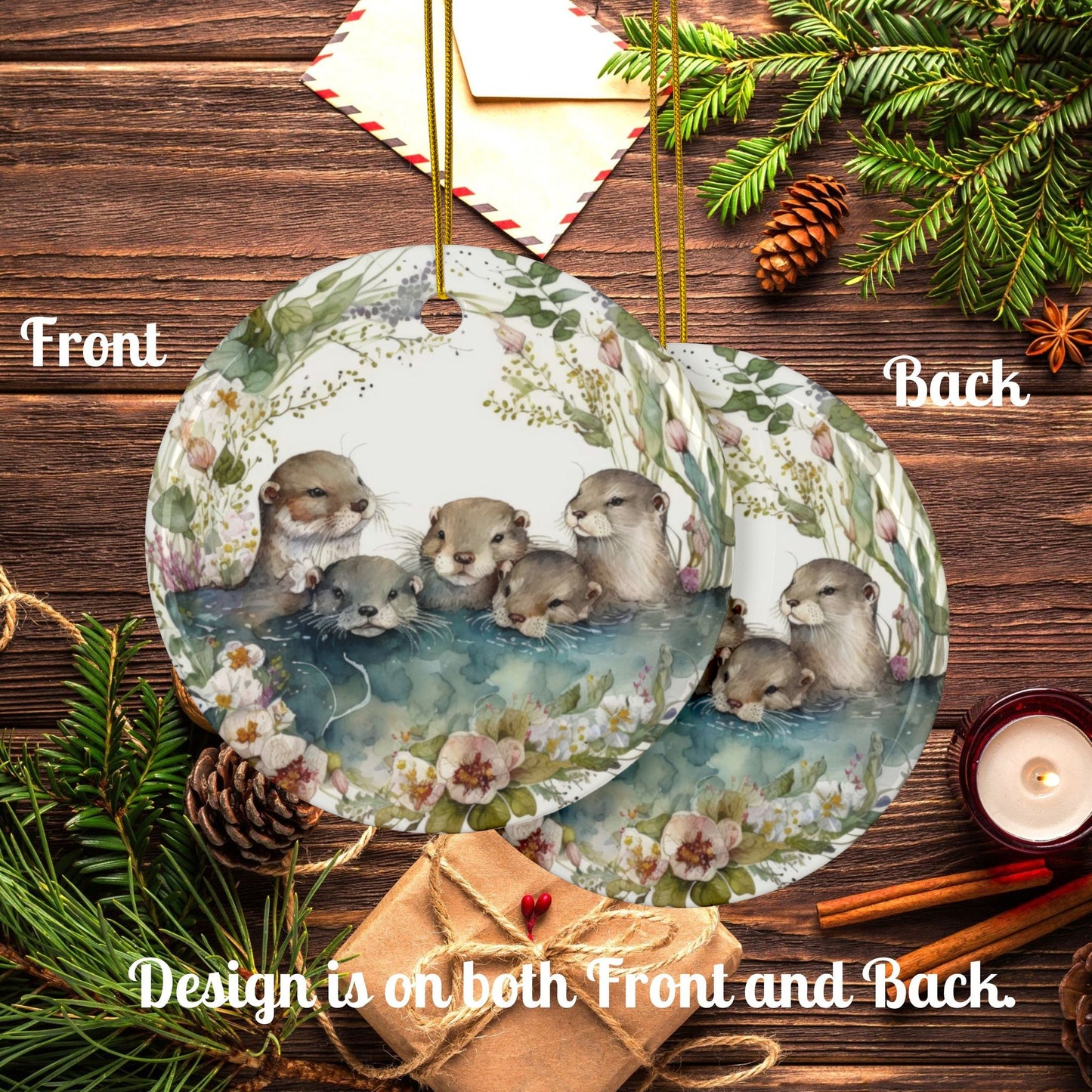 Otter Family Ceramic Ornament – Whimsical Woodland Holiday Decor