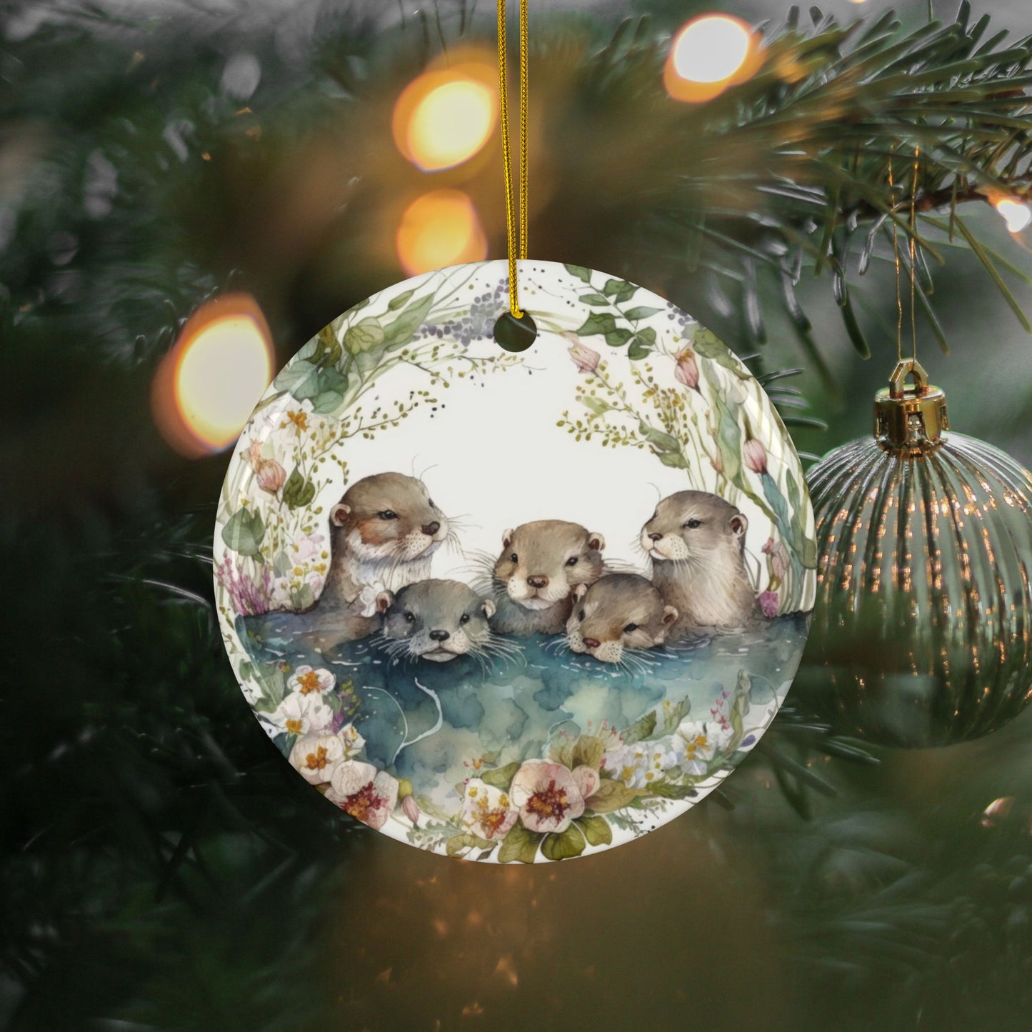 Otter Family Ceramic Ornament – Whimsical Woodland Holiday Decor