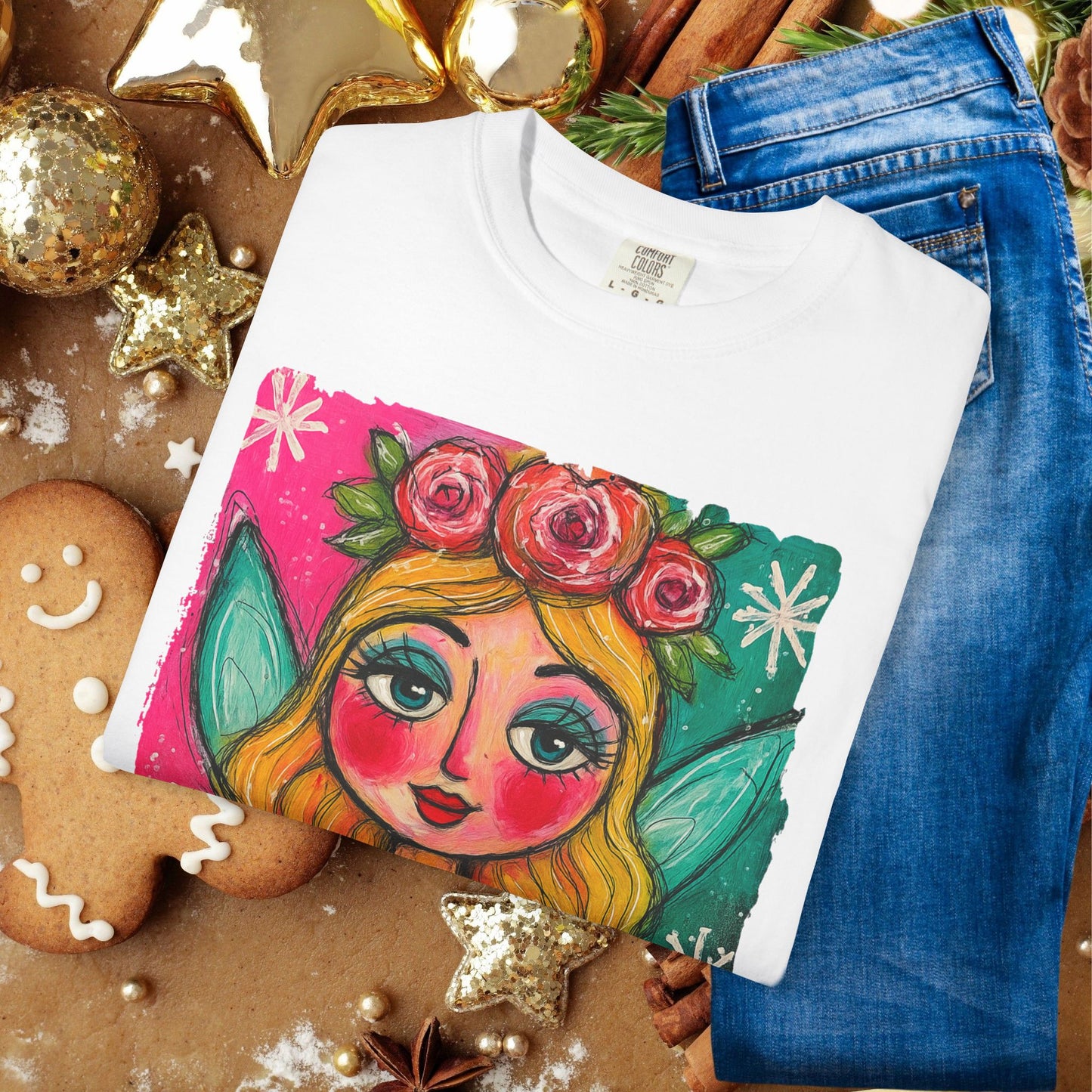 Whimsical Floral Crown Girl T-Shirt — Colorful Folk Art Portrait Tee