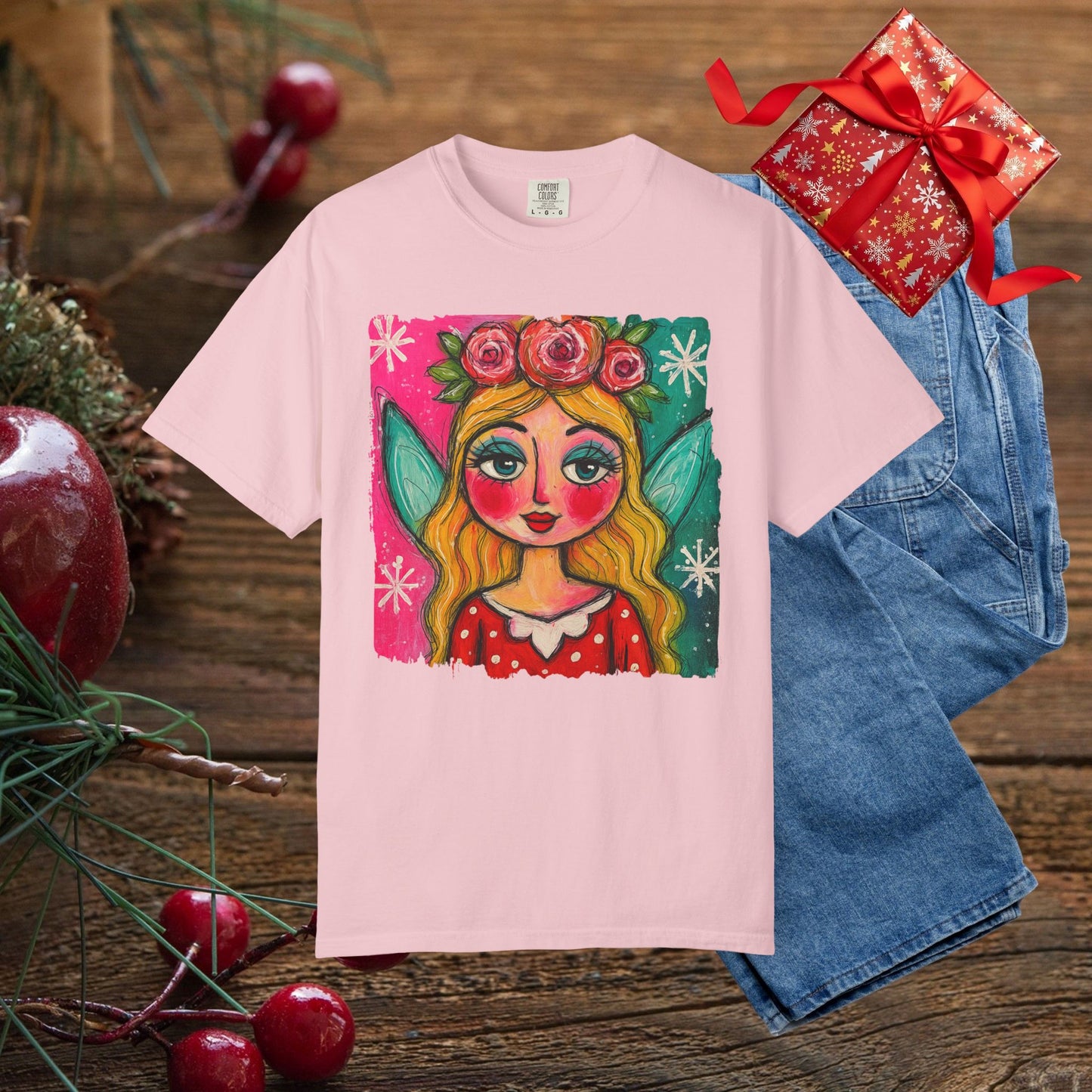 Whimsical Floral Crown Girl T-Shirt — Colorful Folk Art Portrait Tee