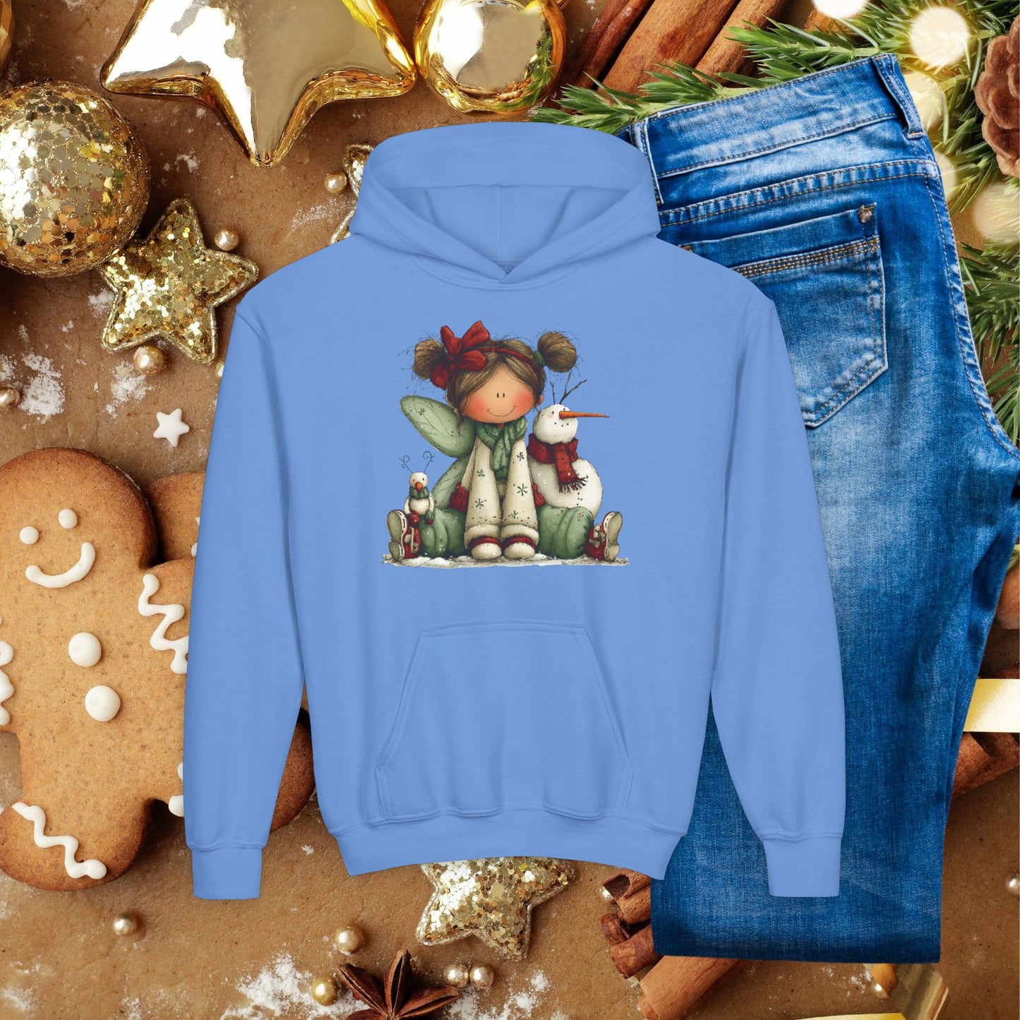 Kids Christmas Angel Hoodie — Cute Elf with Snowman Holiday Sweatshirt