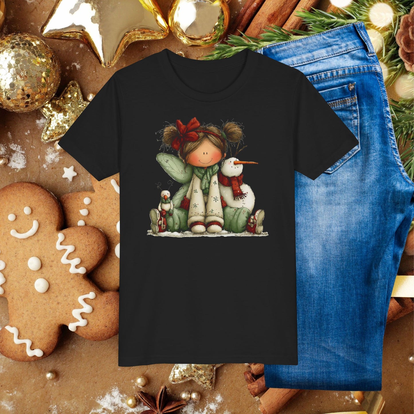 Kids Christmas Fairy Tee — Cute Girl with Snowman Holiday Shirt