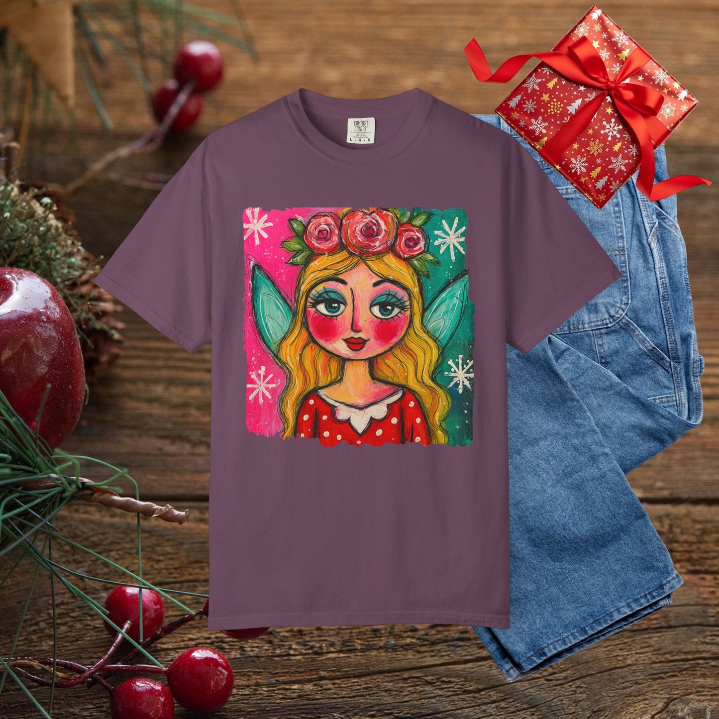 Whimsical Floral Crown Girl T-Shirt — Colorful Folk Art Portrait Tee