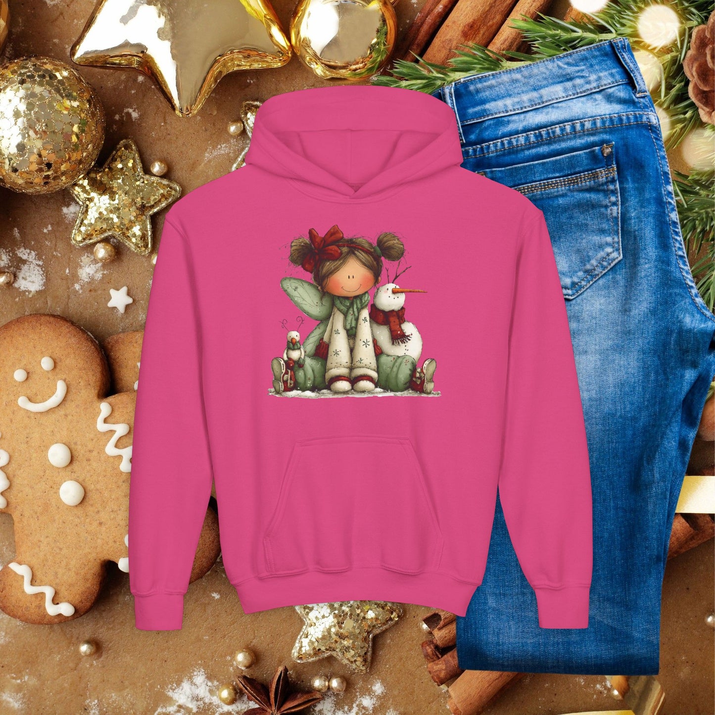 Kids Christmas Angel Hoodie — Cute Elf with Snowman Holiday Sweatshirt